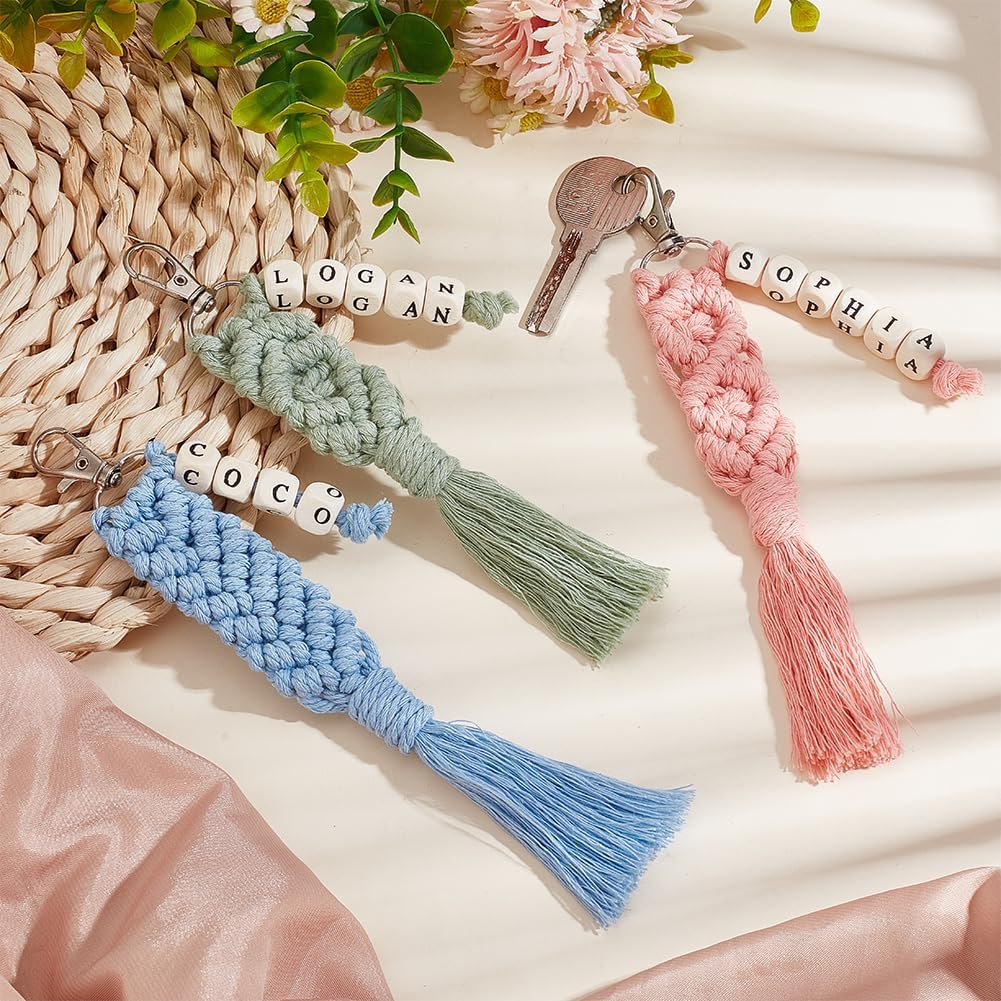 BEUNITONE DIY Macrame Cletter Keychains 6 Set Handmade Macrame Keychains for Beginners Boho Macrame Keychain Kit DIY Crafts Tassel Key Ring for Birthday Party with Instruction Keychain Making Kit - Image 7