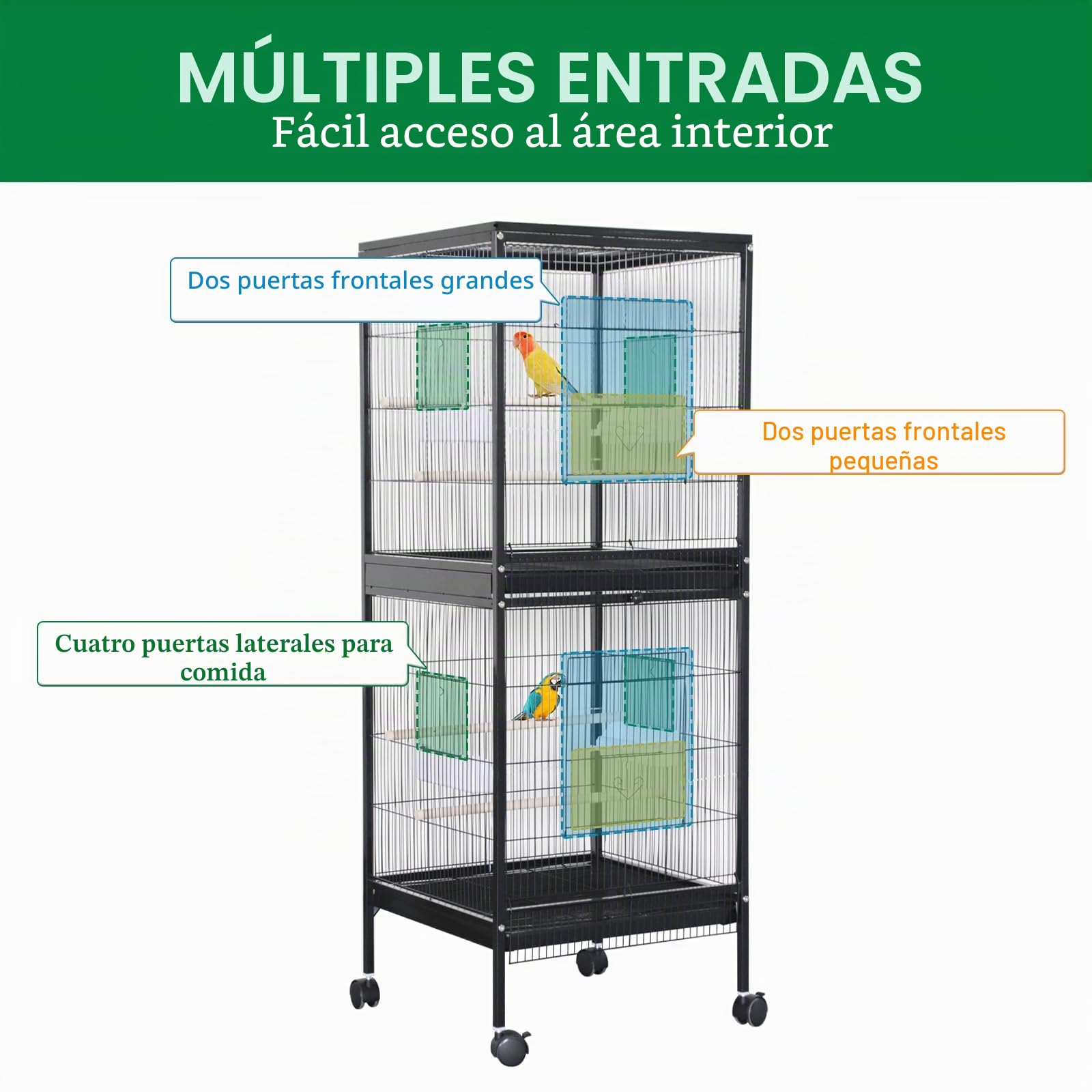 Jaula Para Pájaros Apilable De Doble Piso - Panorámica Giratoria 360°,Hierro Resistente, Zona De Juego Superior,Ruedas y Bandeja Extraíble - Fácil De Limpiar,Ideal Para Periquitos, Canarios, Agapornis
