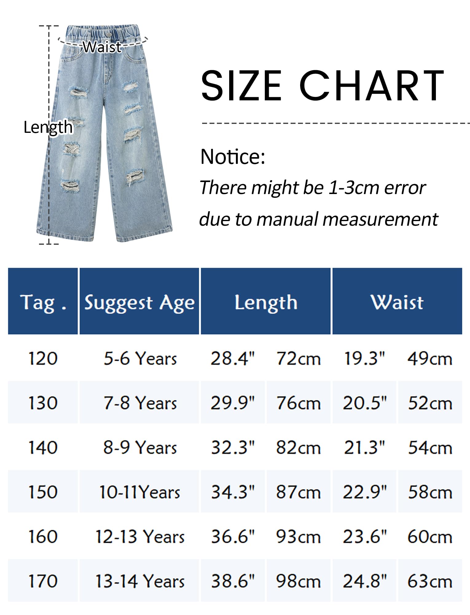 Maeau Jeans per bambini con elastico in vita, gamba larga, strappati, jeans lavati larghi con tasche, 5-14 anni