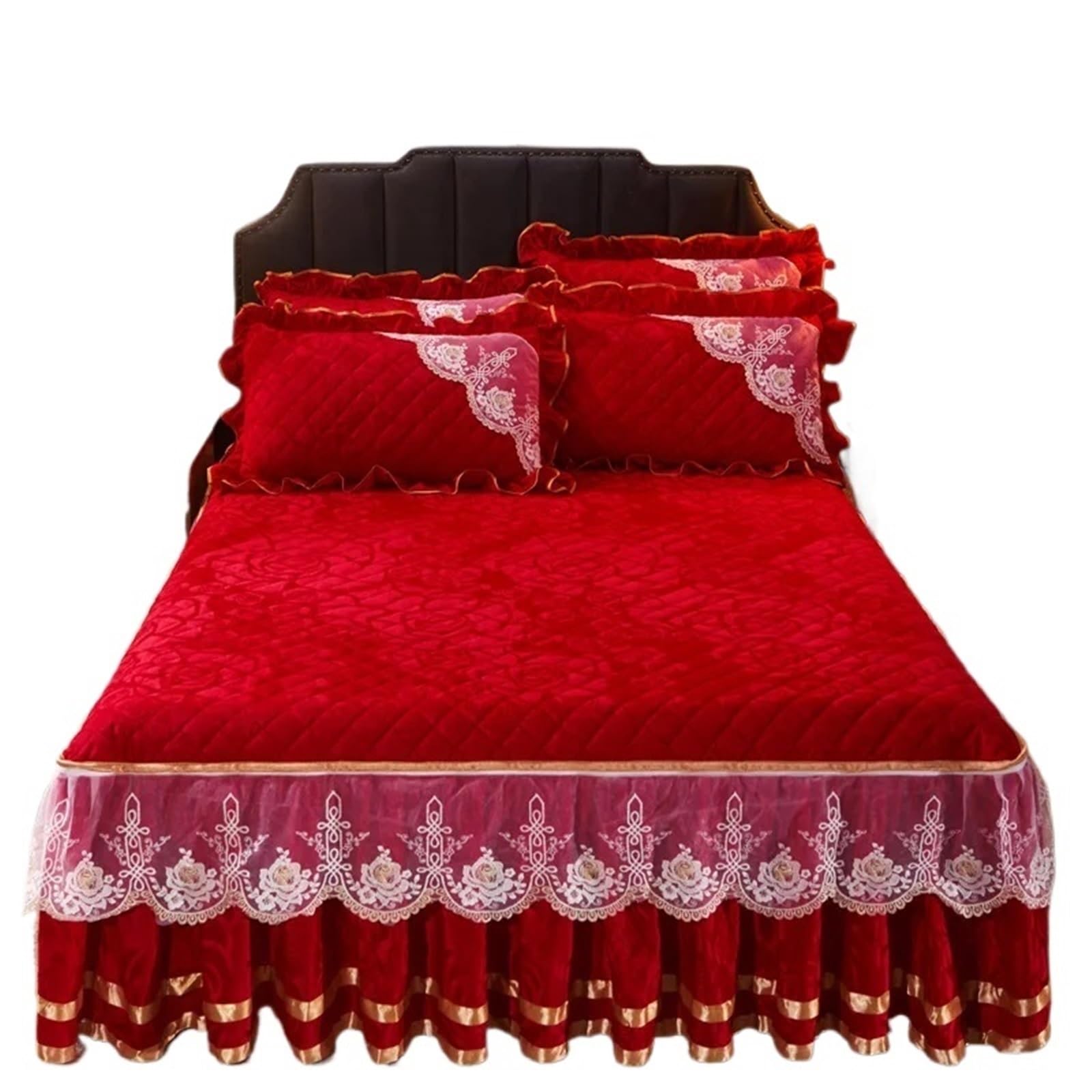 Winter Coral Fleece Zipper Removable Bedspread King Queen Thicken Velvet Quilted Bed Skirt Not Including Pillowcase(Red,1pc Skirt 180x200cm)