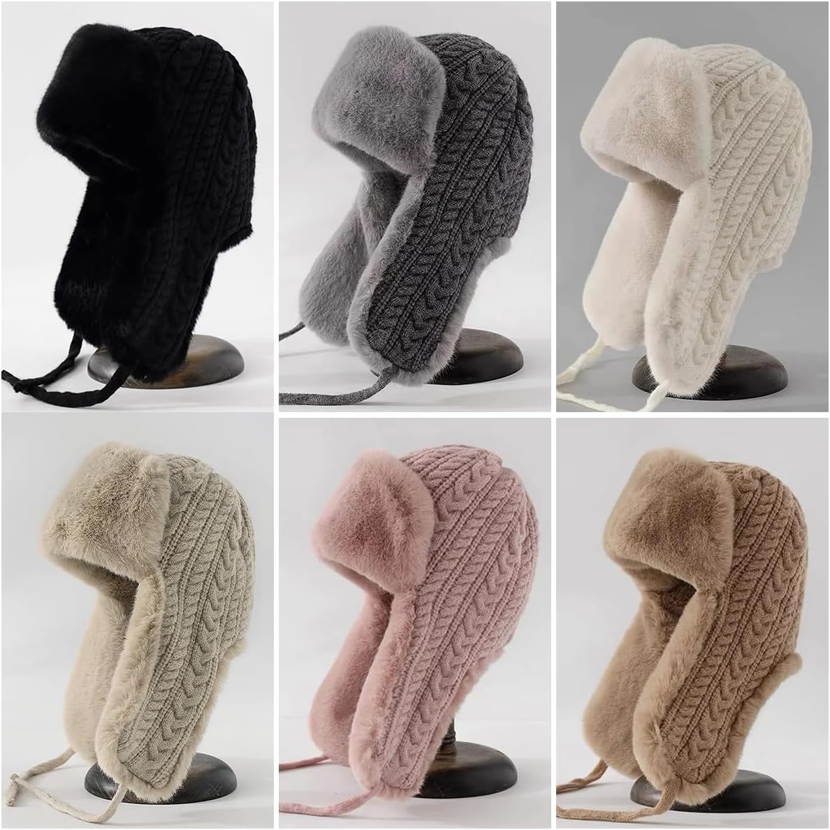 ECYC Knitted Trapper Hat, Faux Fur Lined Earflap Hat Winter Warm Russian Ushanka Hat Knit Cold Weather Hat for Women