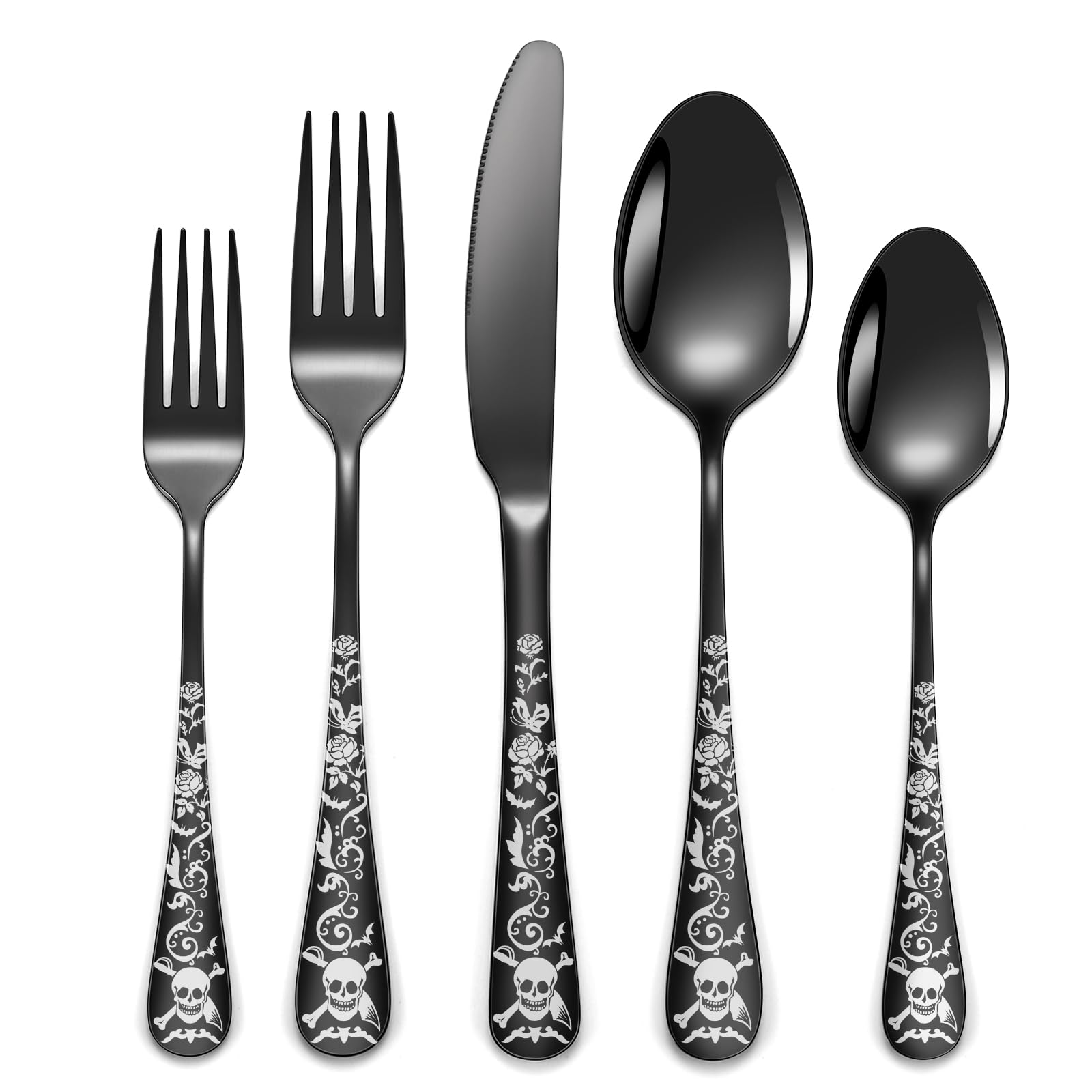 Skull Pattern Black Silverware Set for 8,OIULO 40-Piece Pirate Rose Flatware set,Skeleton Flower Bat Unique Design,Mirror Polished Gothic Knive Fork Spoon Cutlery Daily Halloween Party Gift Event