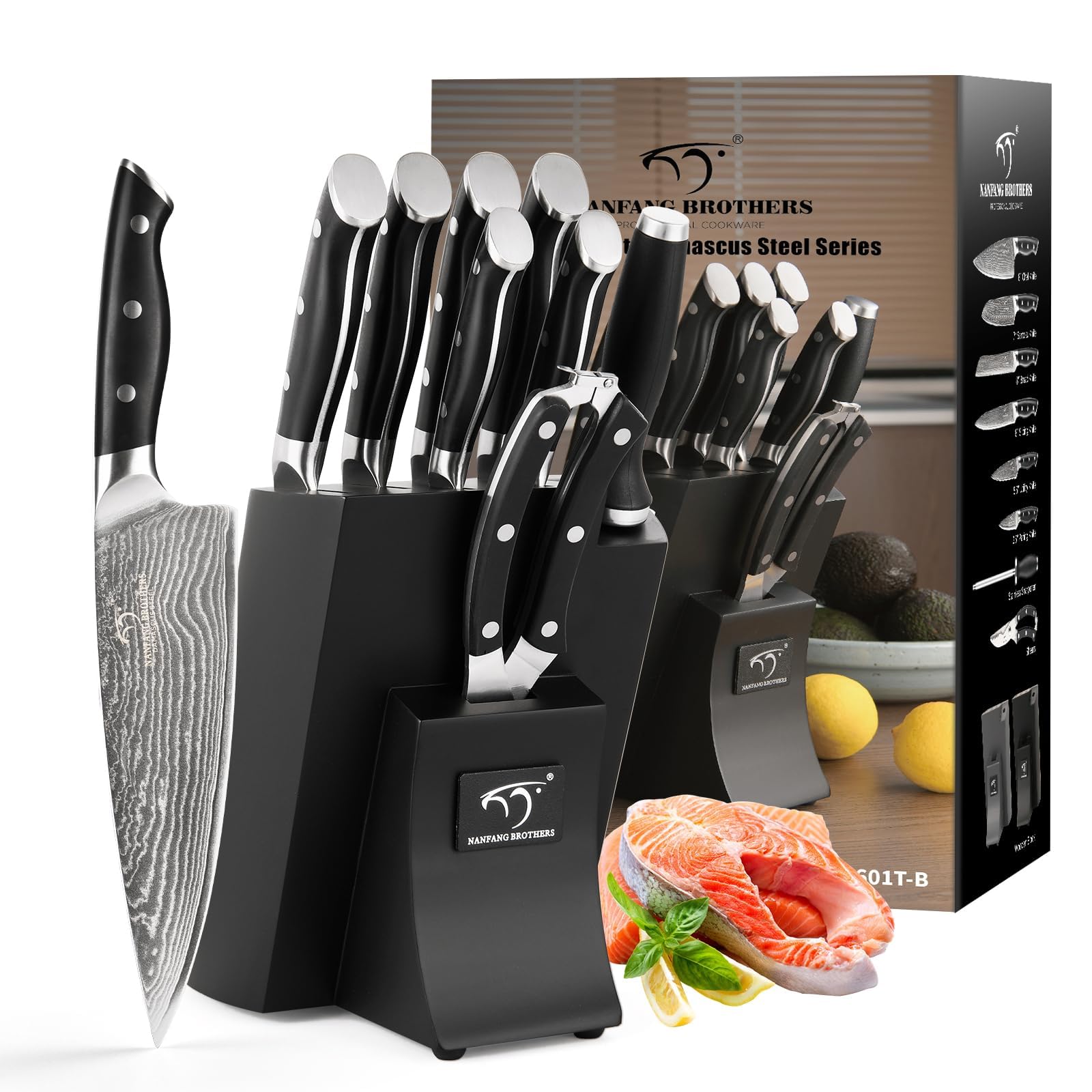 NANFANG BROTHERS Damascus Steel Knife Set - 9pcs Japanese Style Chef Knife Set with Wooden Block Black