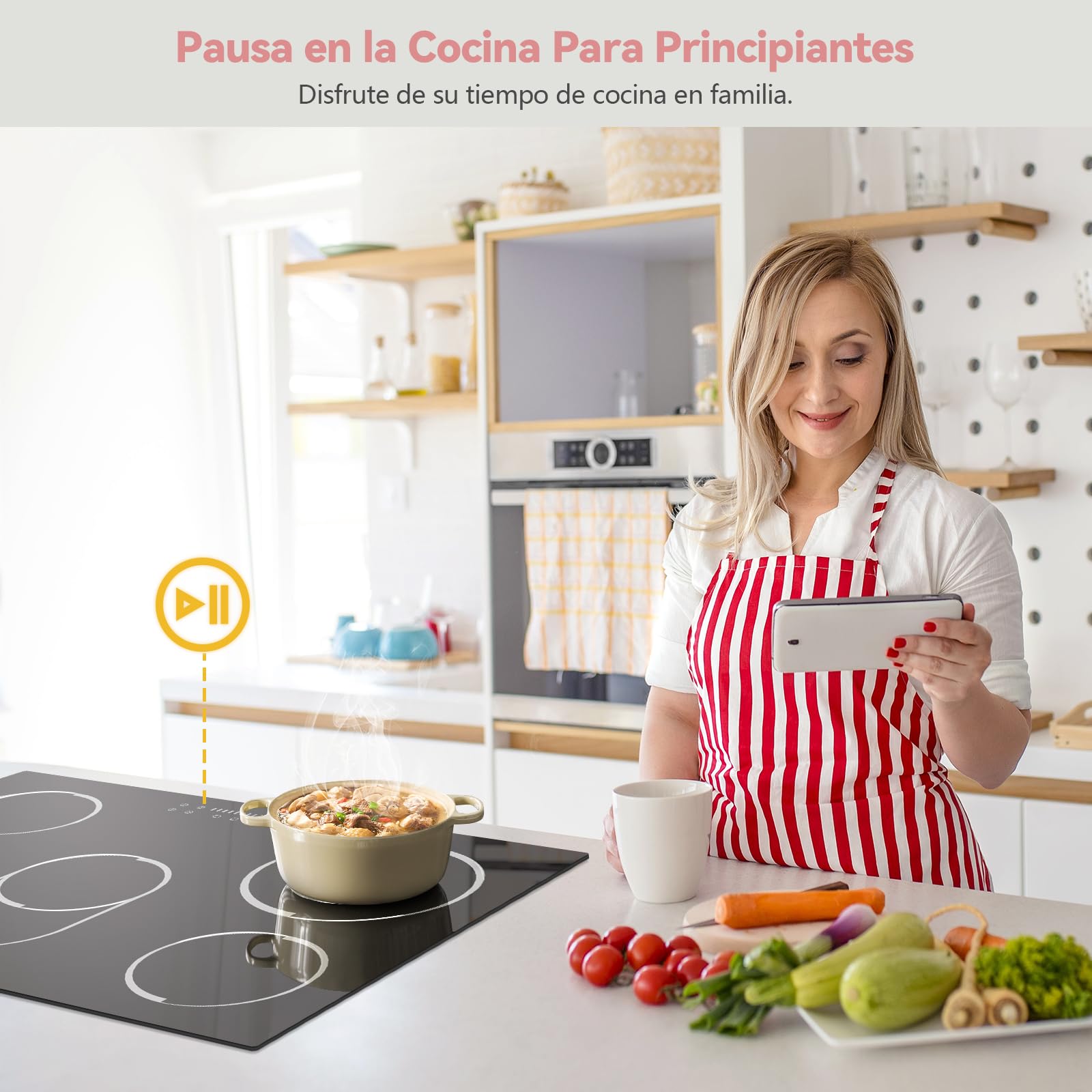 Placa Vitroceramic 5 Fuegos 8400W, Jessier Vitroceramica Induccion con Doble Zona de Barbacoa Ovalada, Placa Electrica Cocina 9 Niveles de Potencia, Función Pausa, Temporizador, Bloqueo de Seguridad