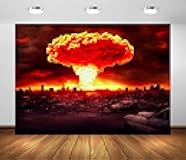 Loccor 7x5ft Fabric Atomic Bomb Nuclear Explosion Backdrop Nuclear Detonation Mushroom Cloud Ruin Destroyed City End of The World Background Party Decorations Photo Props