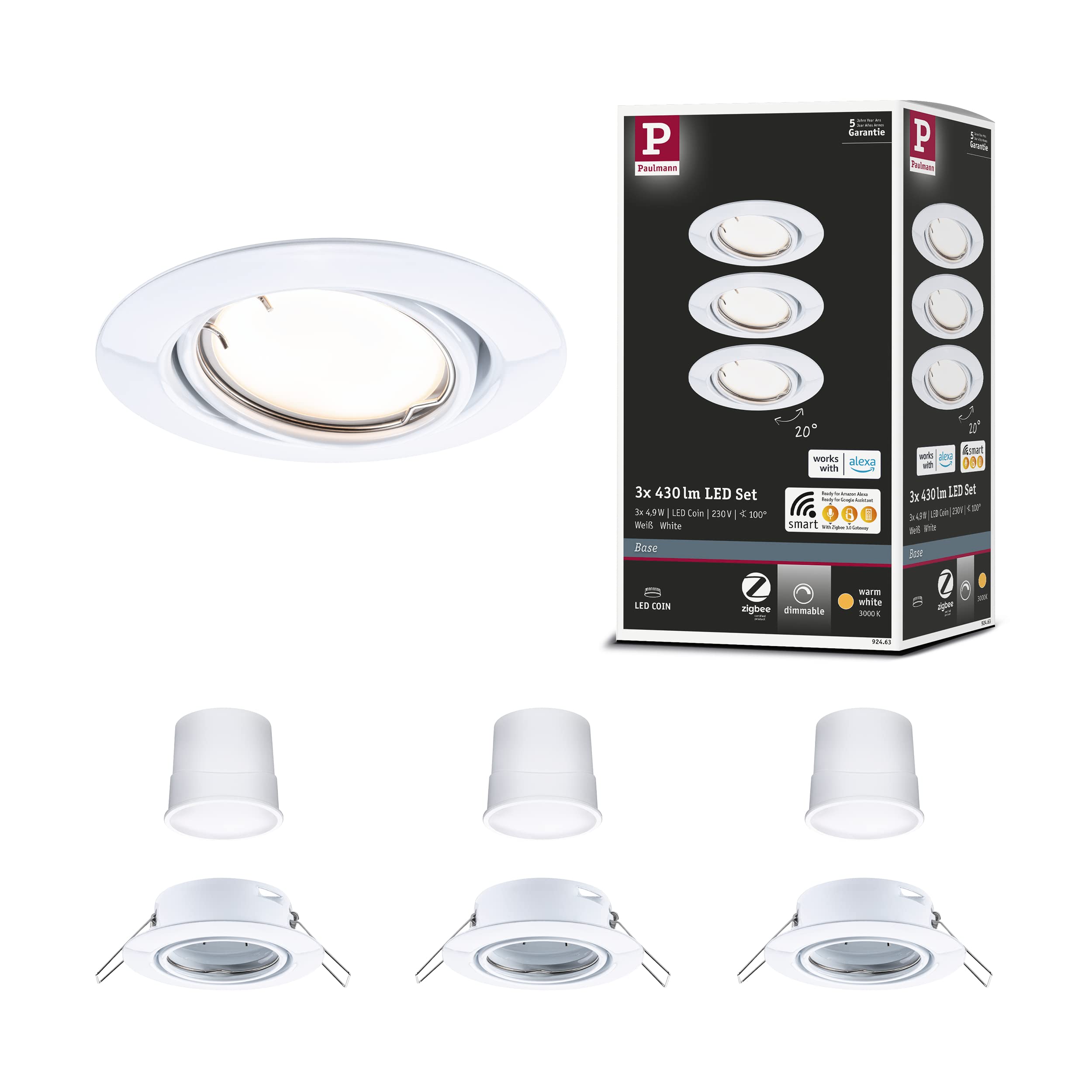 PAULMANN Smart Zigbee LED Inbouwspotset Base Coin O 90 Mm Rgbcct Wit 3 Stuks