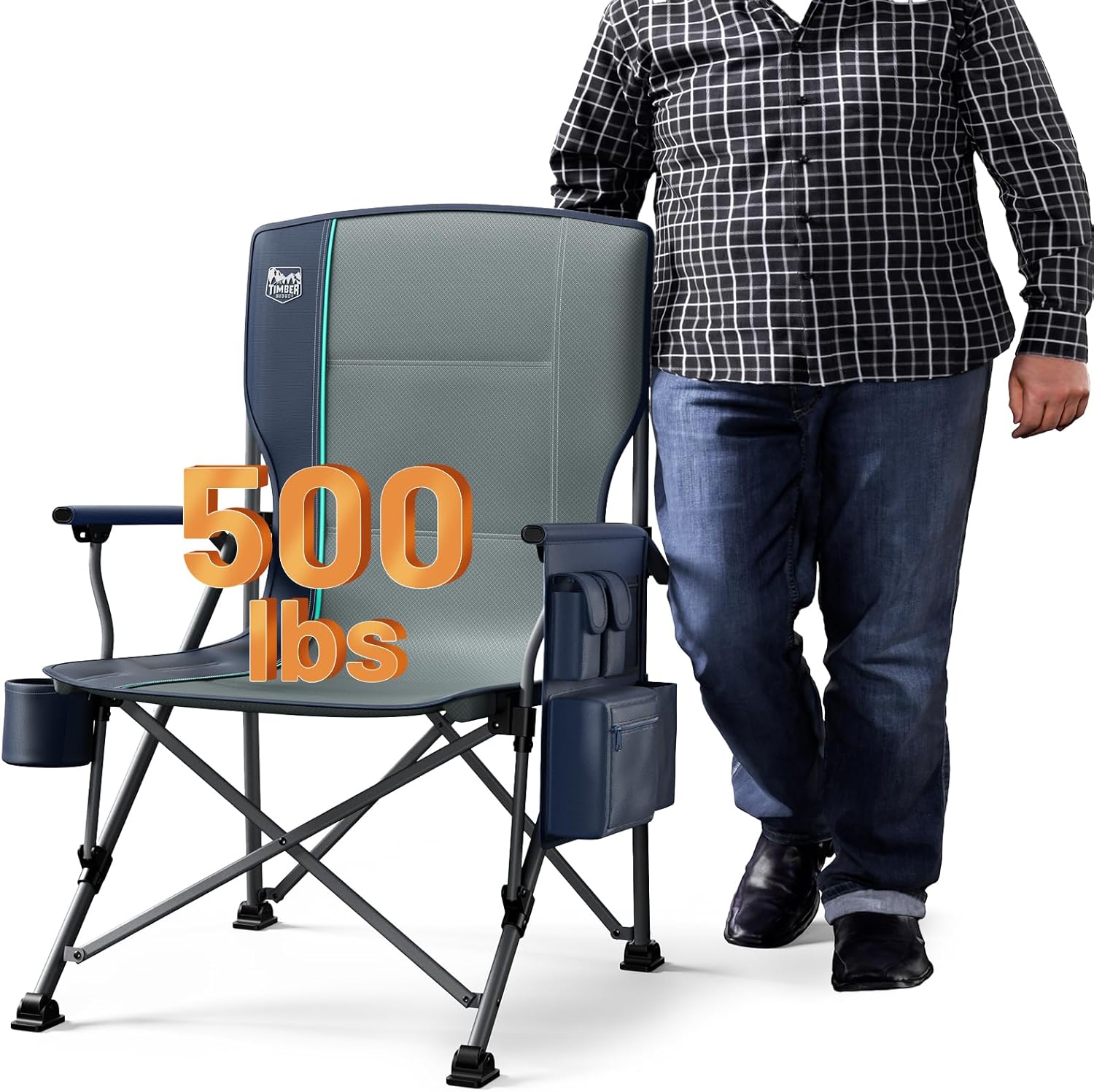 TIMBER RIDGE Oversized Folding Camping Chair High Back Heavy Duty for Adults Support up to 500lbs with Cup Holder, Side Pocket Cooler Bag