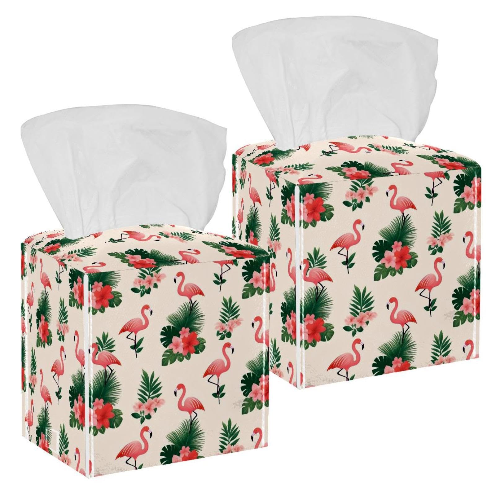 Flamingo Tissue Box Cover, 2 Pack PU Leather Square Facial Tissue Dispenser Box holder for Home Office Car