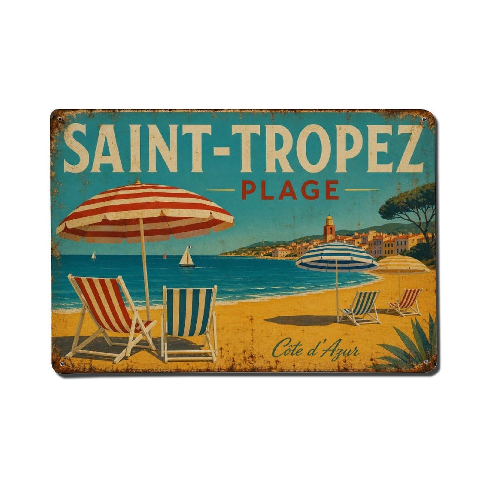 Fyrn Style Metal Tin Sign Vintage Travel Beach Parasols France Seaside Summer