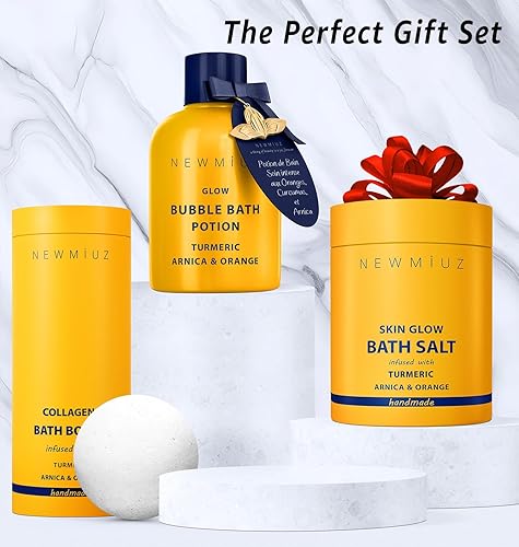 Miniatura 5 de Bombas de baño naturales, regalo de espuma de baño de lujo para hidratación de piel seca, hidratante, aceite esencial de cúrcuma y árnica naranja