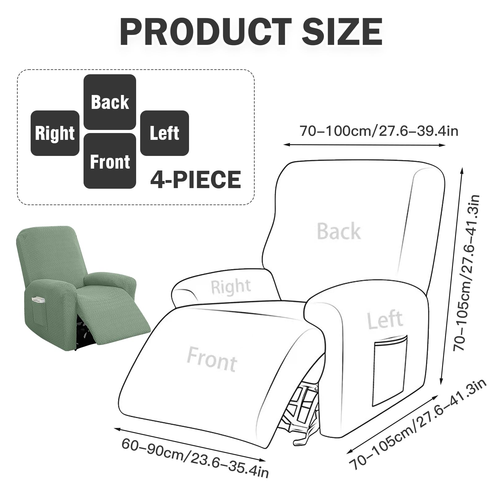 Funda Sillon Relax Reclinable 1 Plaza, Funda Sofa Relax con Bolsillos, Fundas Elástica de Jacquard a Rayas Diseño Todo Incluido para Sillón Reclinable (Verde Pino)