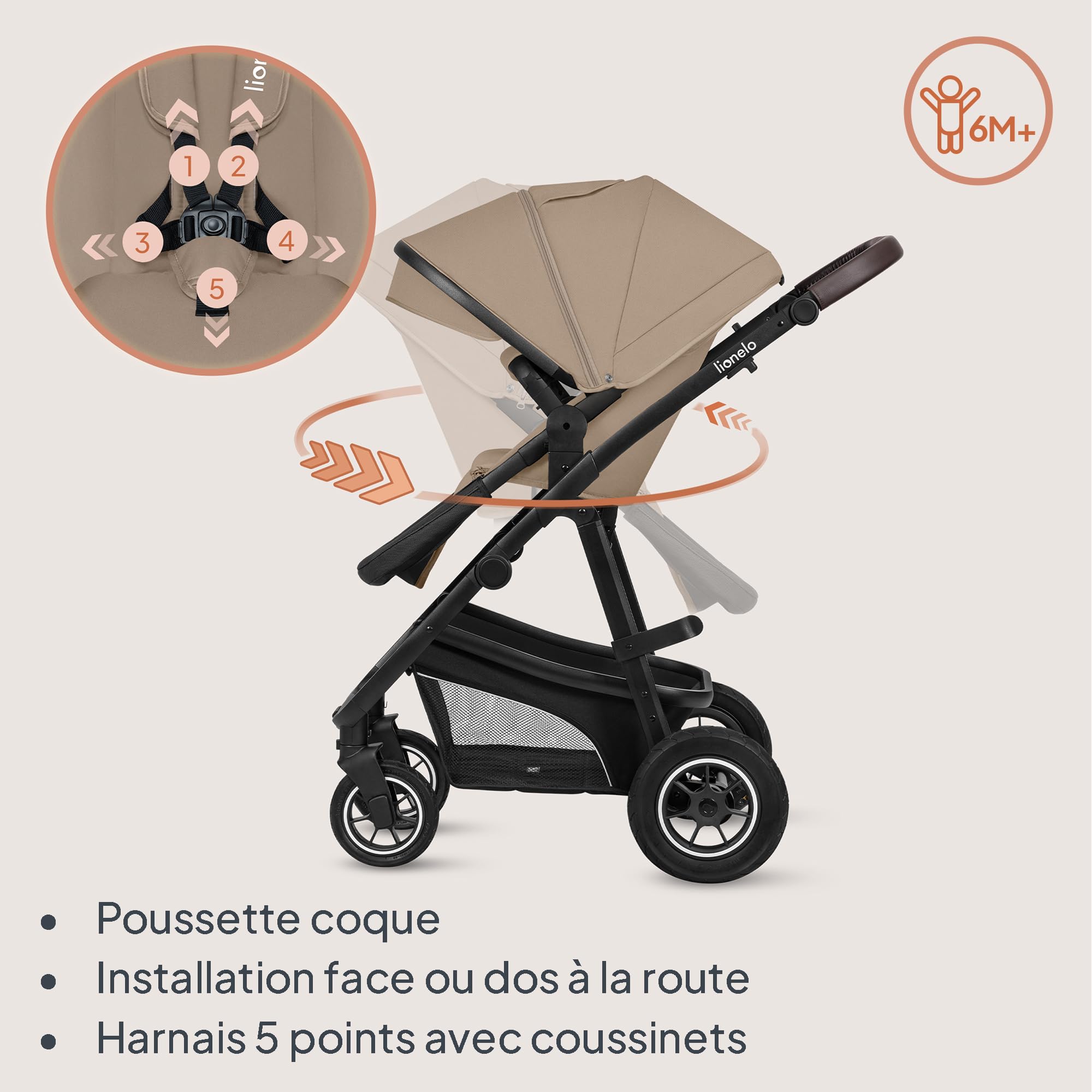 LIONELO BIANKA Poussette 3 en 1 max 22 kg Nacelle 9 kg Siège-auto 13 kg Pliable Système de Voyage Roues 360° Amorti Auvent XXL Trio