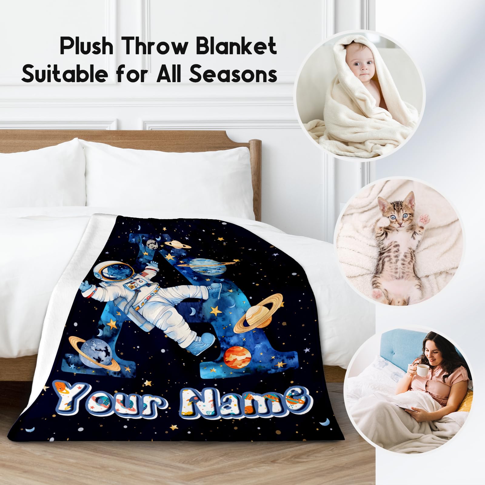 CUSPCOD Personalized Boys Blanket for Planet Lovers - Planet Blankets Gifts for Kids - Custom Initial Throw for Son - 60