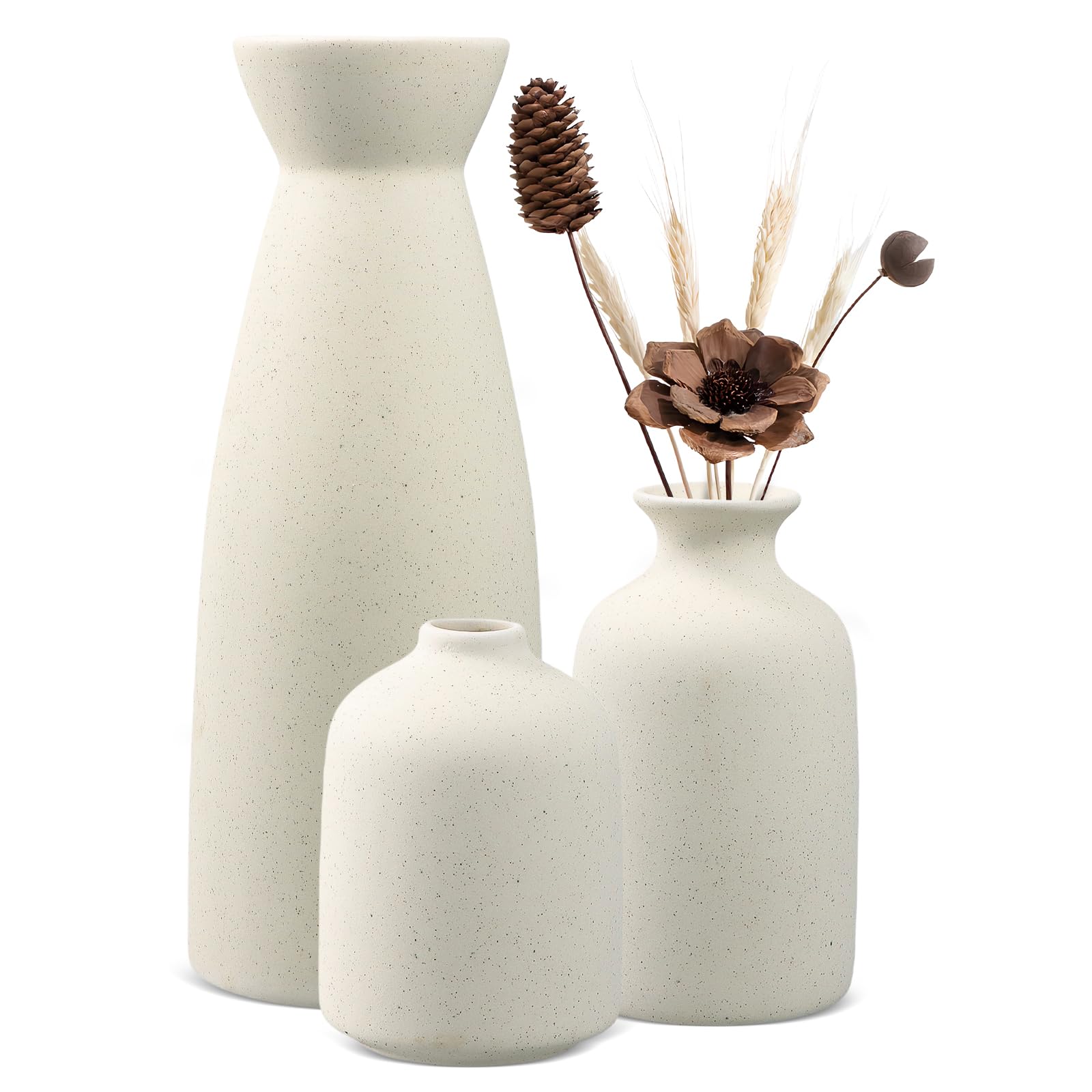Mapille 3PCS Conjunto de jarrones de cerámica, Minimalista Blanco Jarrón de Cerámica, Jarrones para Flores Frescas y Secas, Hierba de Pampas, Florero Jarrones Decoración Moderna del Hogar
