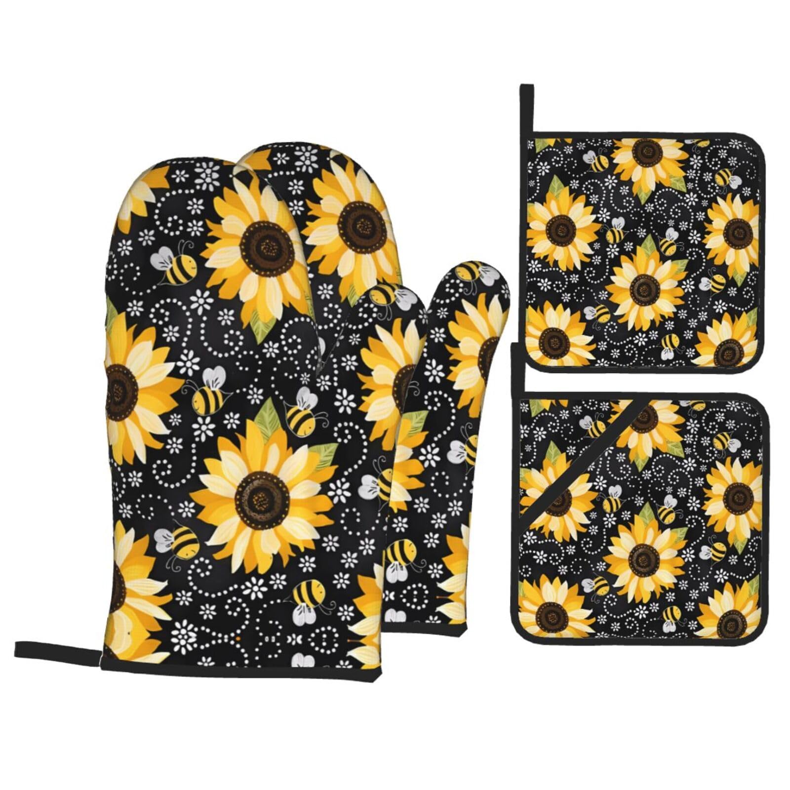 YYHHAOFA Sunflower bee Prints Kitchen Baking Set with Heat Resistant Pot Holders & Oven Mitts - Waterproof Layers for Cooking, Grilling & Serving, Includes Pocket Layer