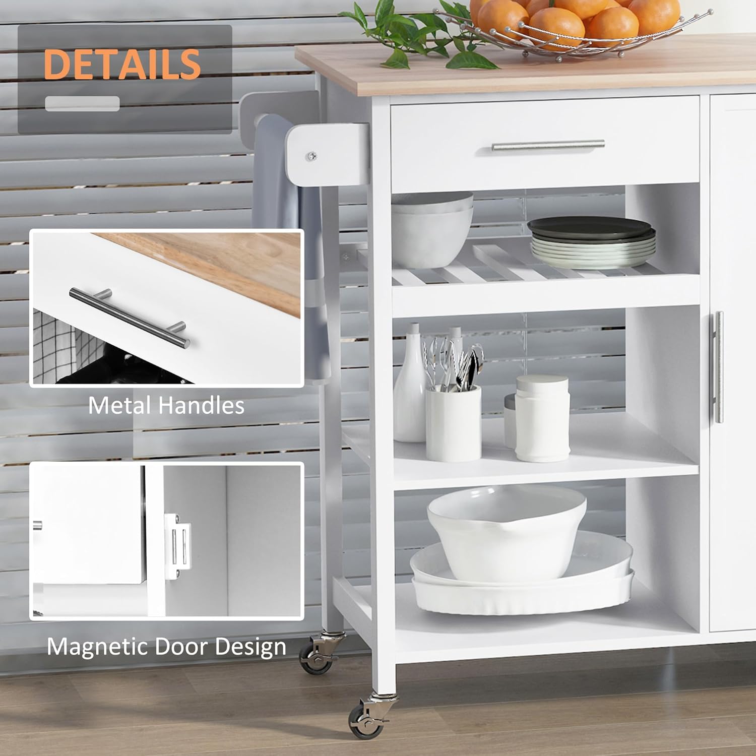 Close-up images showing the metal handles on the drawer and the magnetic door design of the cabinet