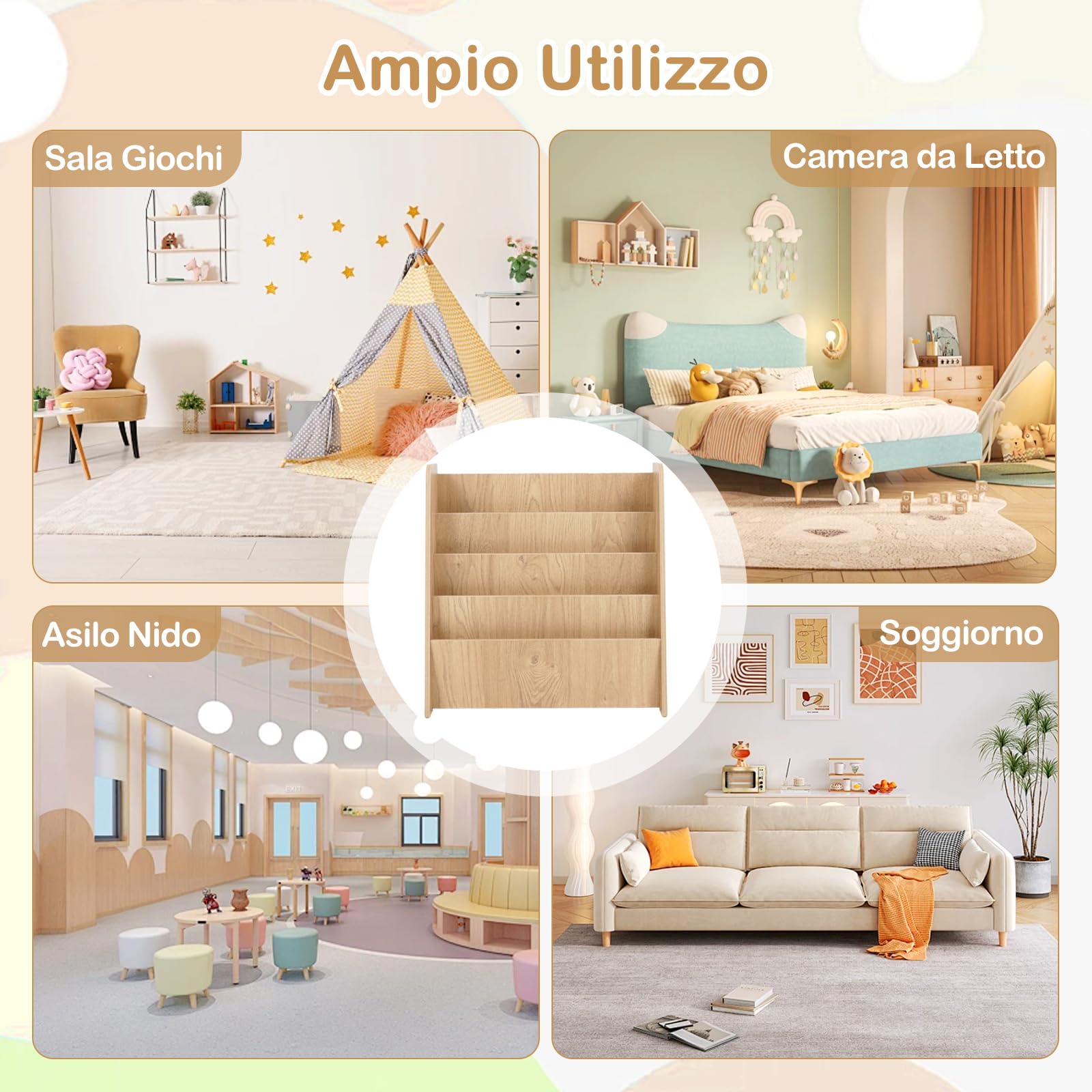 GYMAX Libreria per Bambini in Legno a 4 Ripiani, Scaffale per Libri con Ripiani Profondi, Espositore per Libri, per Cameretta dei Ragazzi, Soggiorno, Asilo Nido, 57,5 x 26,5 x 59 cm (Naturale)