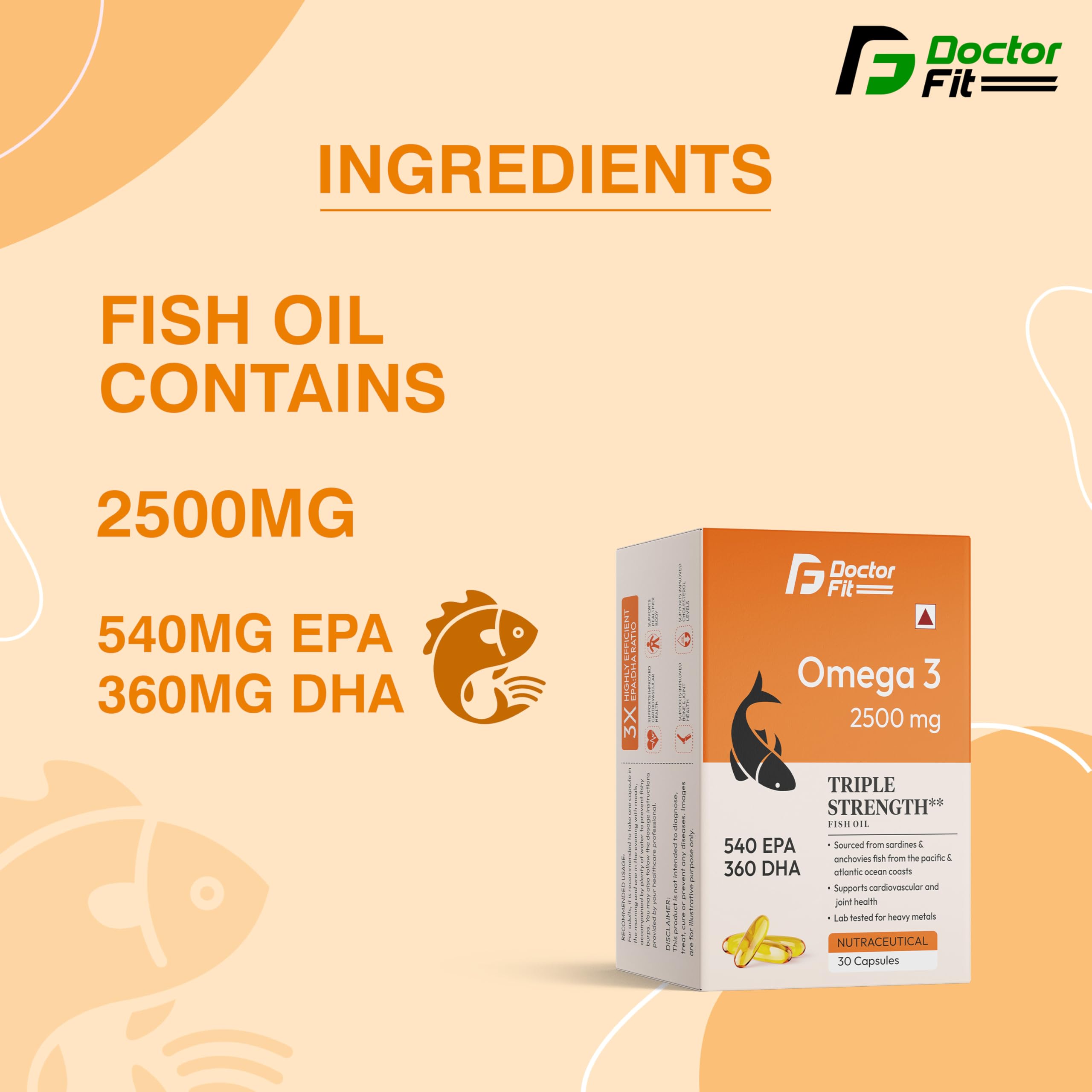 DOCTORFIT Omega 3 Fish Oil 2500mg Triple Strength | 540mg EPA & 360mg DHA | Heart, Brain & Joint Health Support | Lab-Tested for Heavy Metals | 30 Softgel Capsules — Amazon image 3