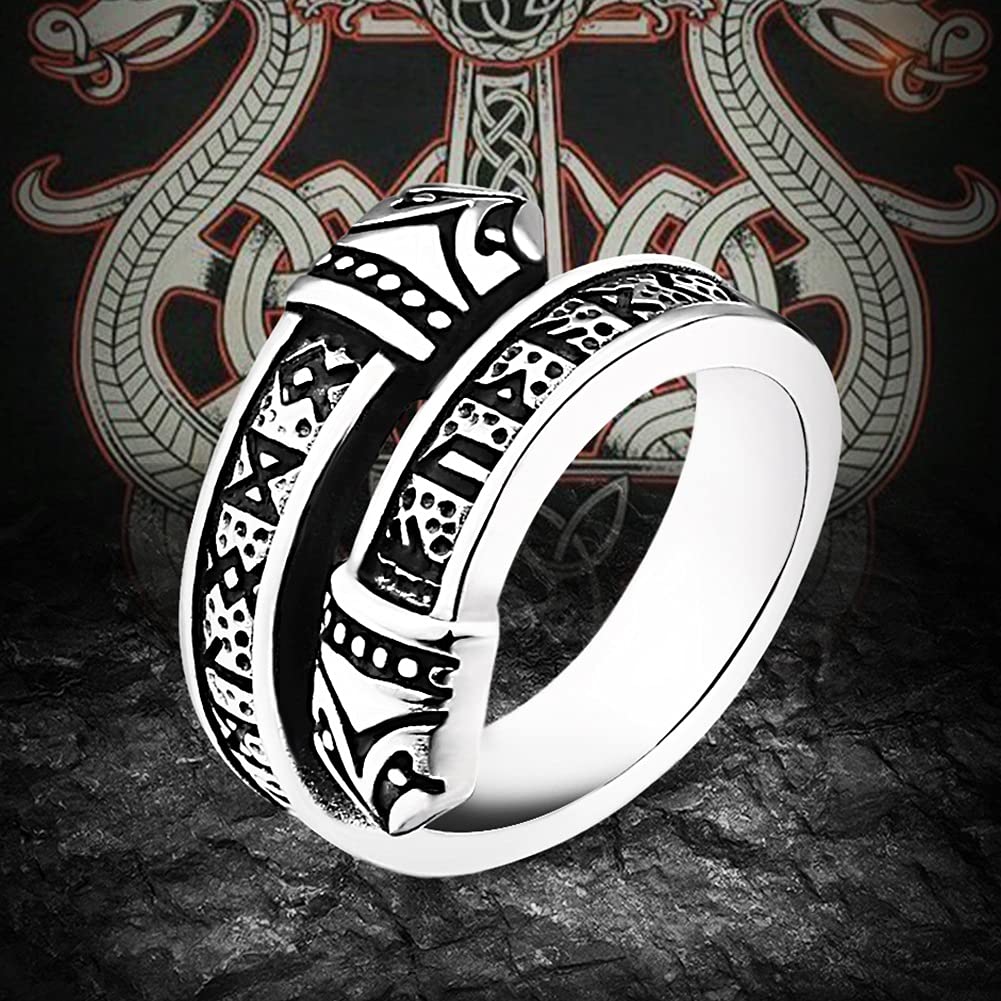 QHQQXN Anillo para Hombre, tamaño Ajustable, Anillo de runas de dragón Vikingo nórdico, Anillo Abierto de Anguila de Acero Inoxidable y Ouroboros Jormungand para Mujer, joyería de protección Medieval