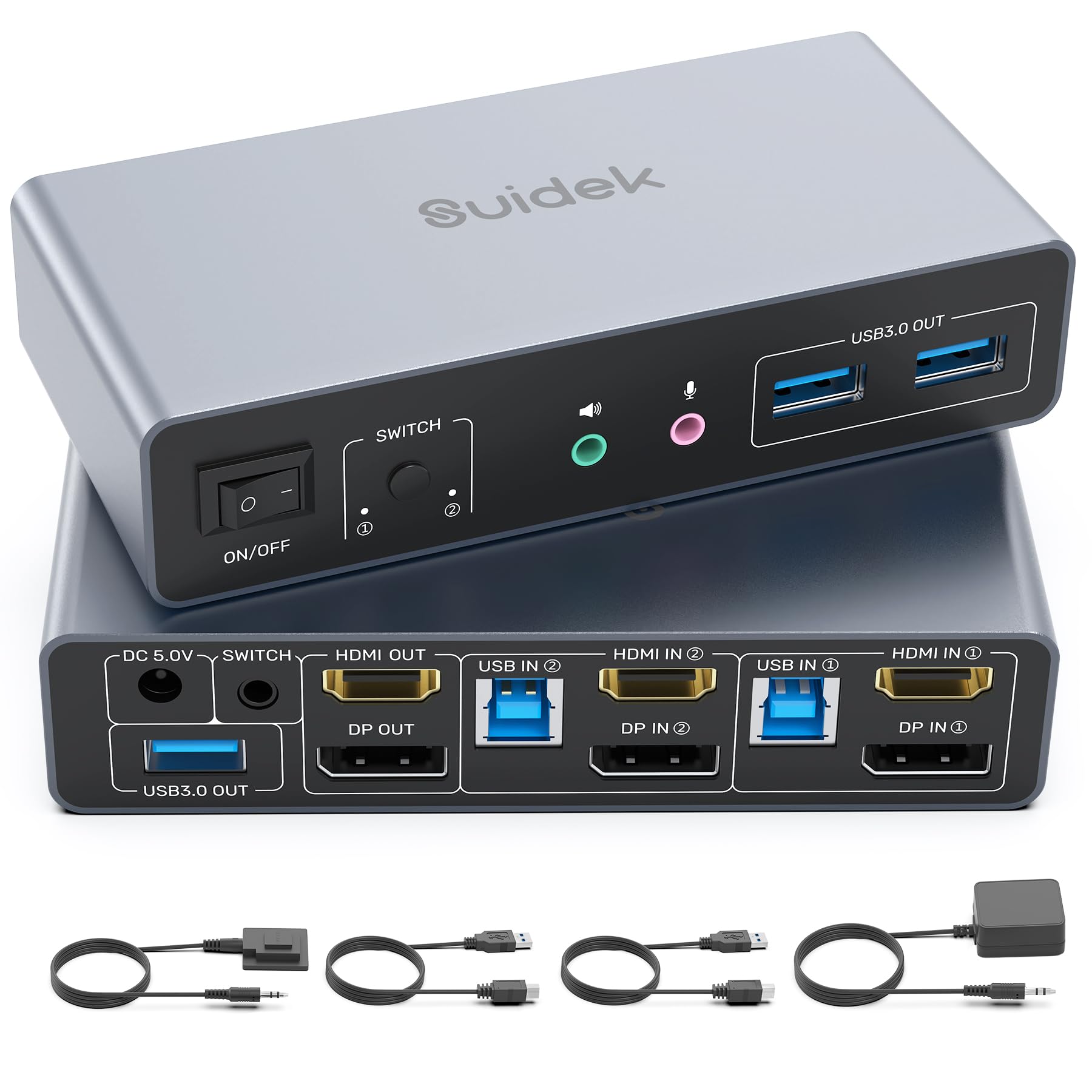 SUIDEK HDMI Displayport KVM Switch, 2 Computadoras 2 Monitores 4K@60Hz KVM Switcher Monitor Dual para 2 PC, 3 Puertos USB 3.0 Soporta Modo Extendido/Espejo con Controlador de Escritorio y 2 Cables USB