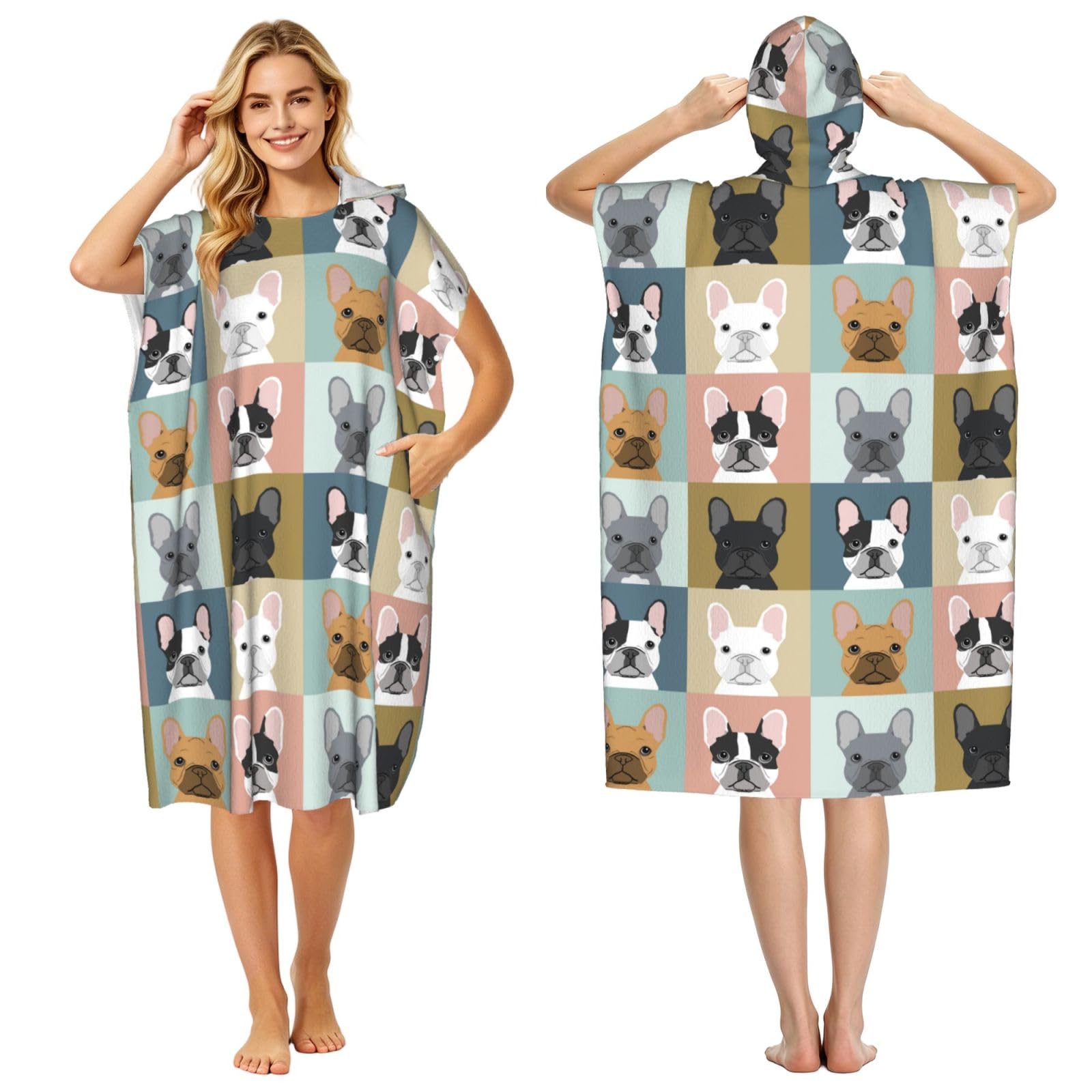 Poadnly French Bulldog, Adult Hooded Beach Towel 90 x 110 cm,Changing Bath Robe, Surf Poncho Towel For Women Men