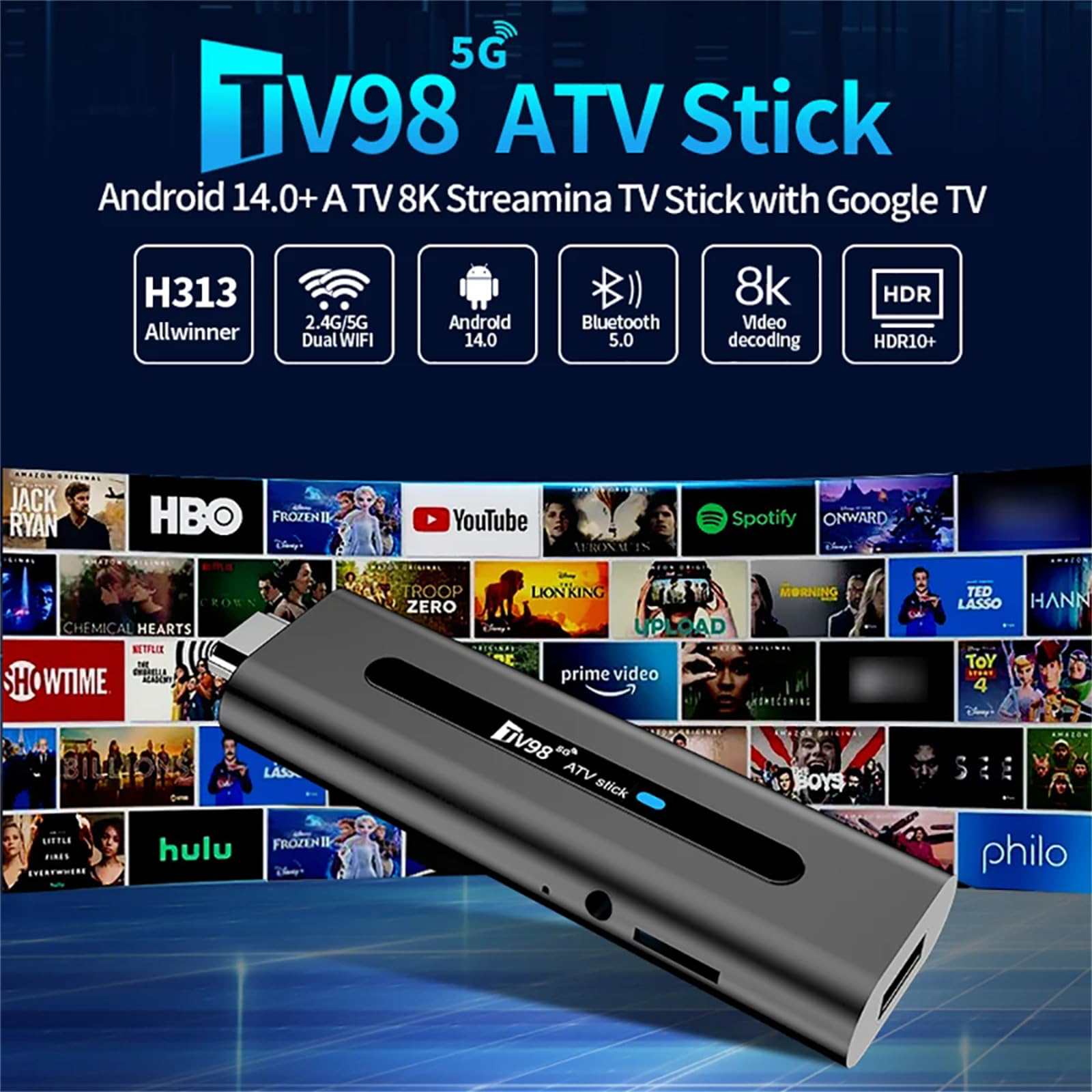 TV98 8K Smart TV Stick 2.4G 5G WiFi TV Box With Bluetooth Voice Remote Android14