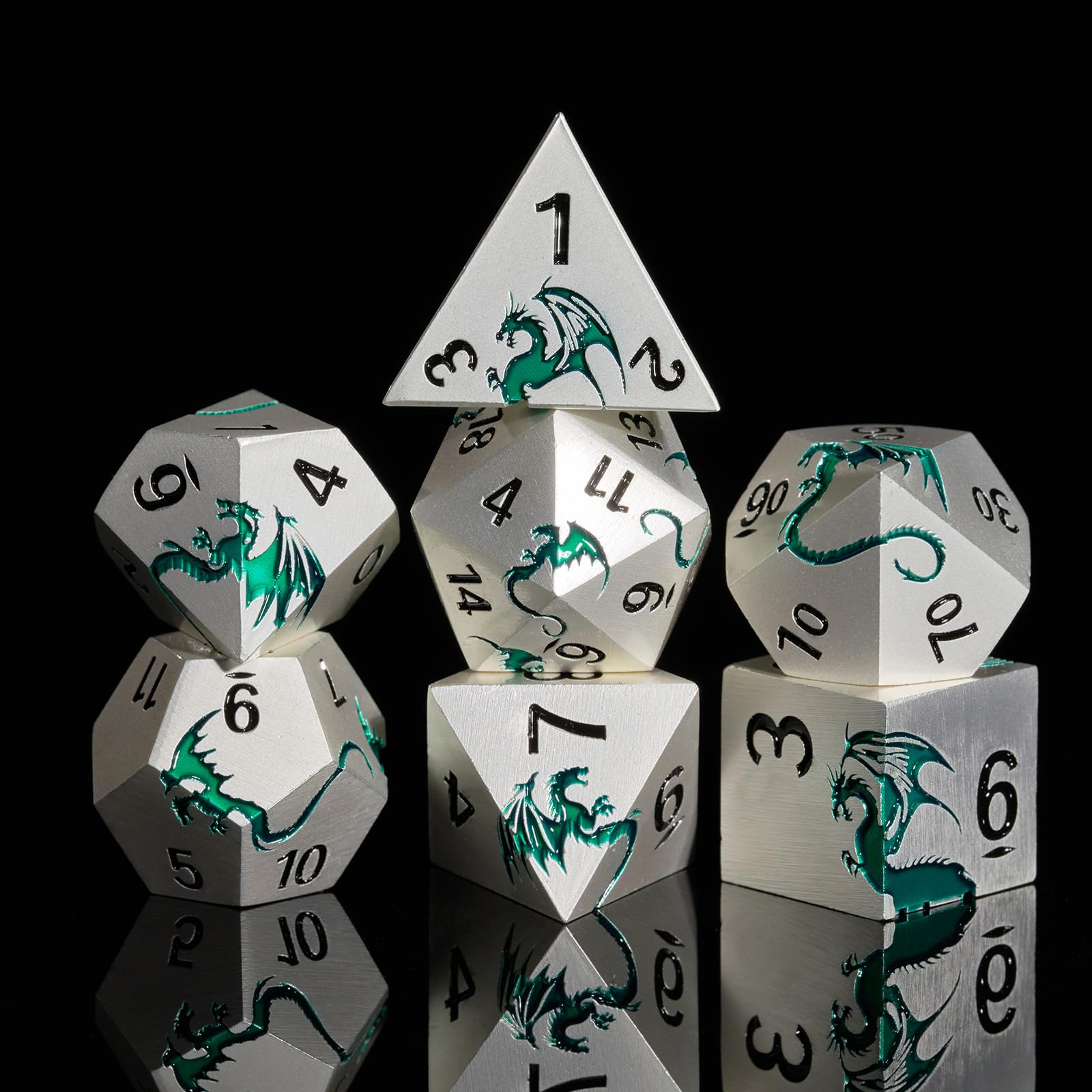 HNCCESG Metal DND Dice Set,Blue Dragon Heavy Metal Dice Set D&D,Dungeons and Dragon TTRPG Role Playing Table Games(Sliver Green Dragon)