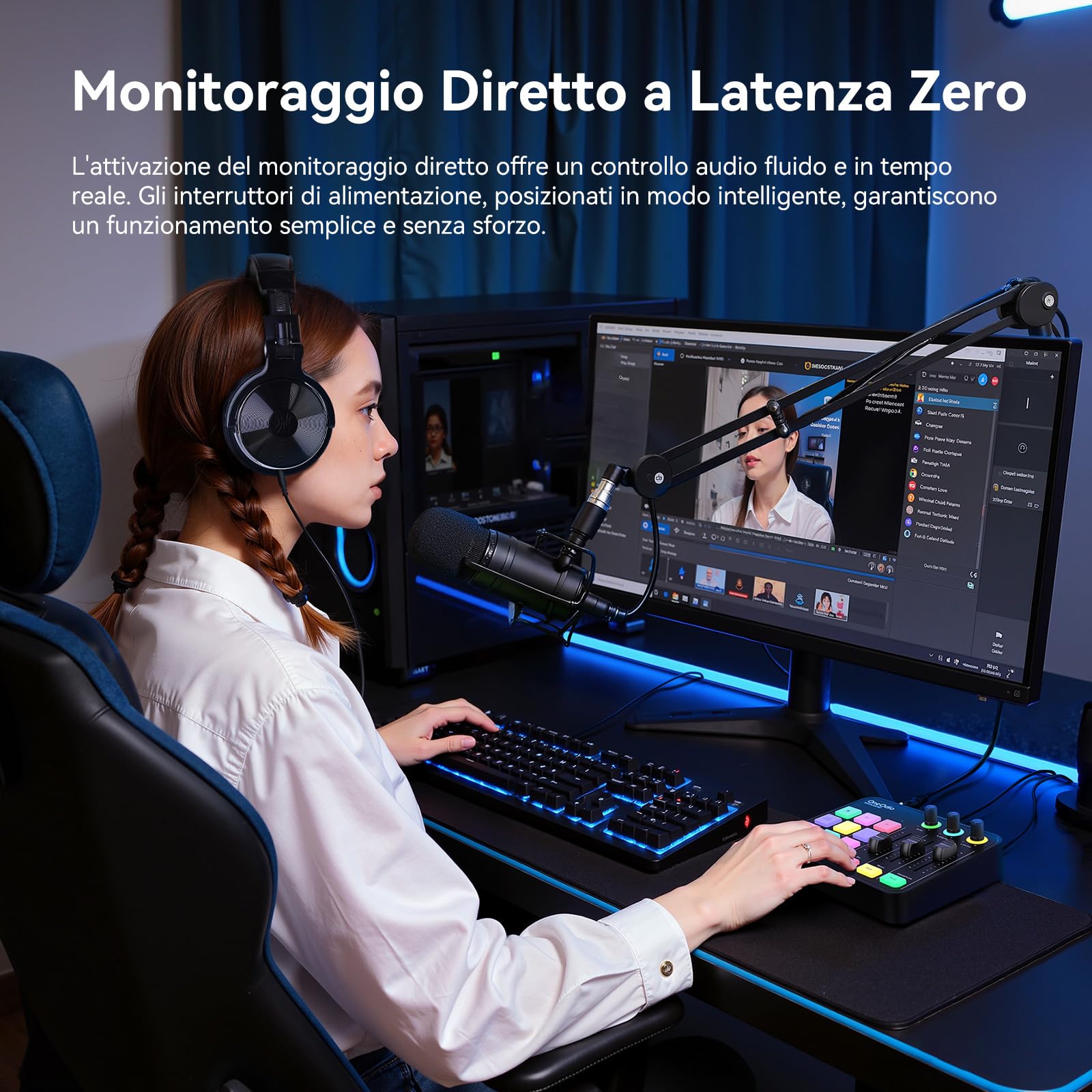 OneOdio Solocaster Gaming Audio Mixer - Interfaccia a 5 Canali con Alimentazione Phantom 48V, Bluetooth, Illuminazione RGB, 3.5mm/XLR/USB C, per Streaming/Podcast/Karaoke su PC, Mac, Mobile