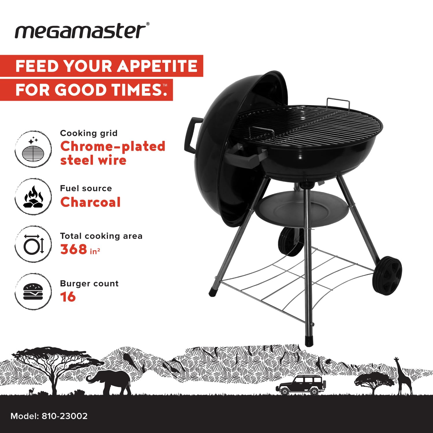 Megamaster 810-23002 kompaktowy grill na węgiel drzewny, 56 cm (354,81 m2), idealny do gotowania i grillowania na świeżym powietrzu, grilla, patio, tailgating, czarny, 810-23002