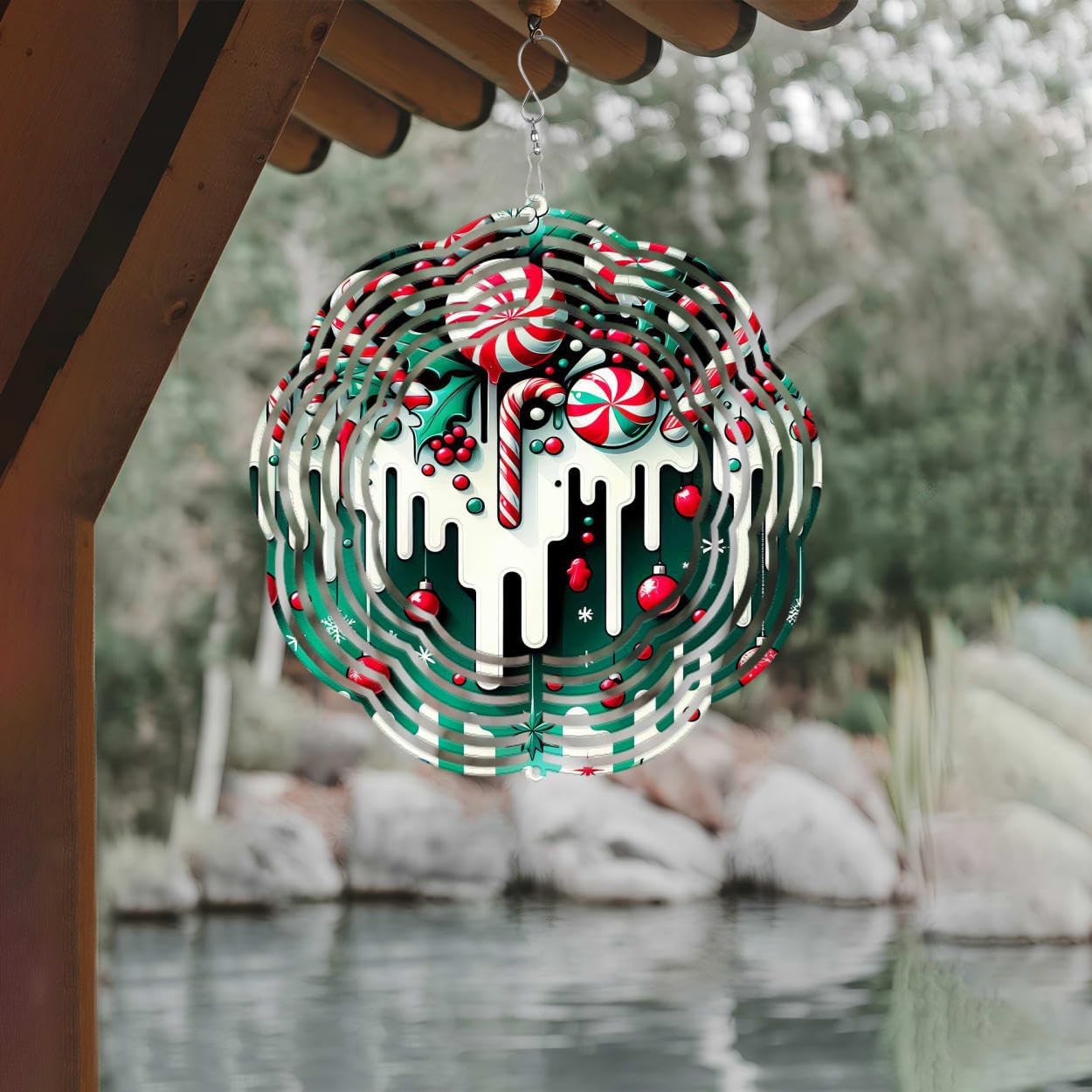 Candy Cane Christmas Wind Spinners 3D Stainless Steel Laser Cut Metal Double Sided Printing-Hanging Indoor/Outdoor Decorations Yard Gardening Decor,Metal Kinetic Art 16x16 inches