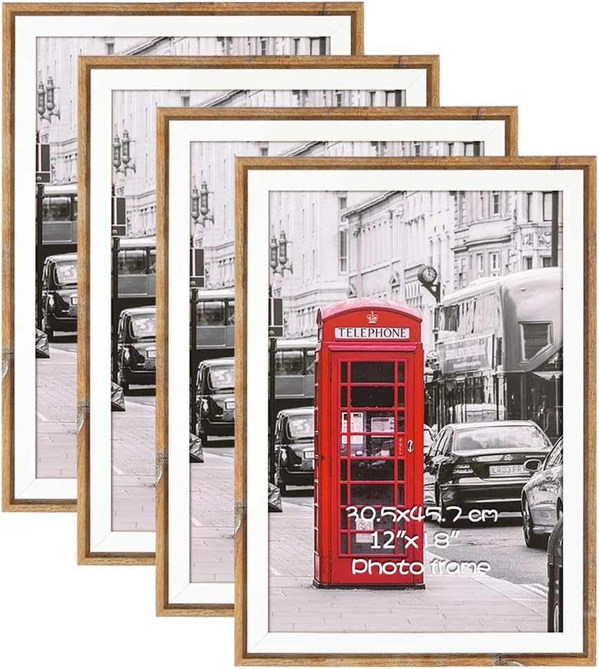 Schliersee 4 Pack 12x18 Simple Elegant Matted Picture Frames, Thin Brown Frames for Posters