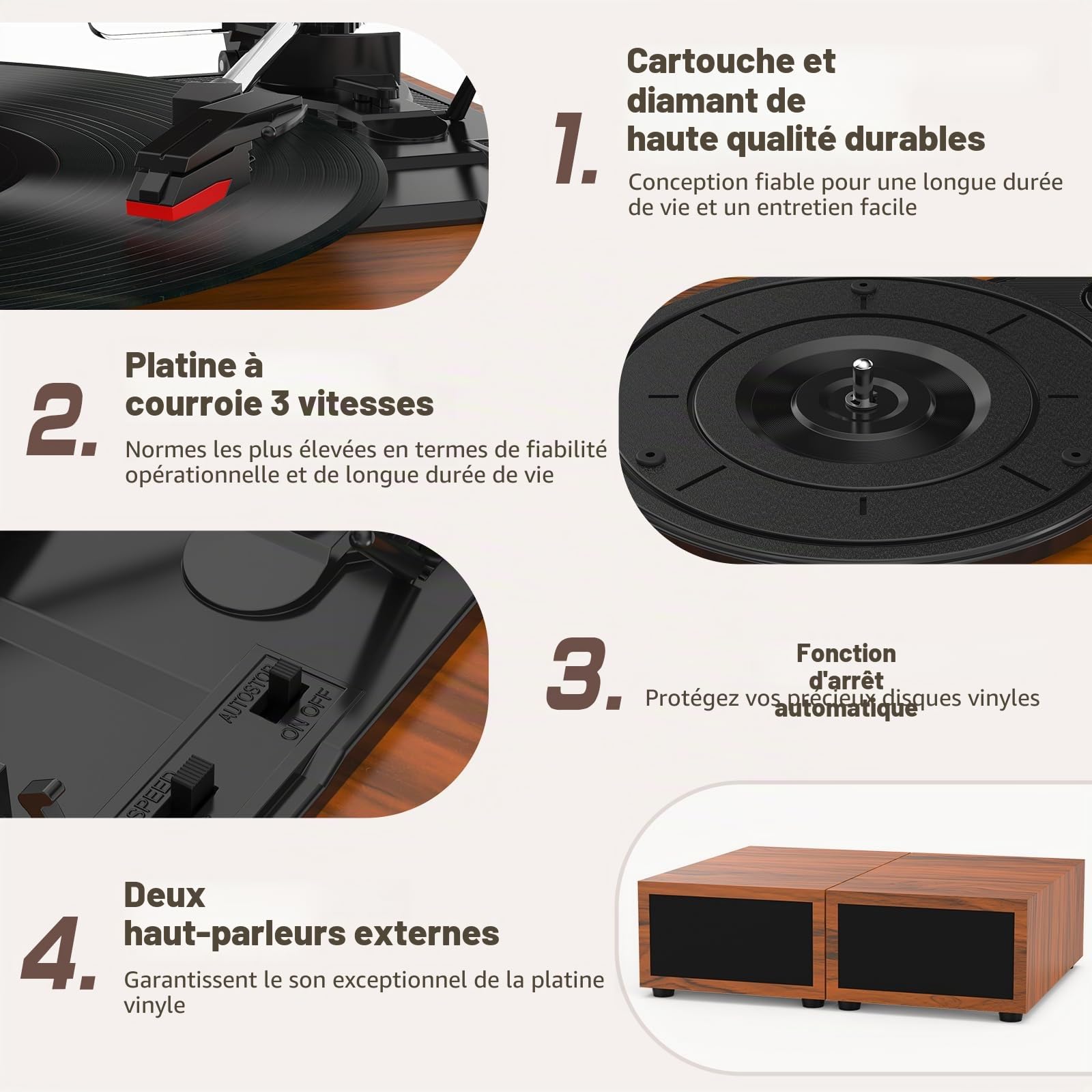 Udreamer Platine Vinyle avec 2 Haut-parleurs Stéréo Doubles, Vintage Tourne-disqu Bluetooth 5.3 Prend en Charge 3 Vitesses, Entrée Auxiliaire, Ligne RCA, USB,Lecture sans Fil, Marron