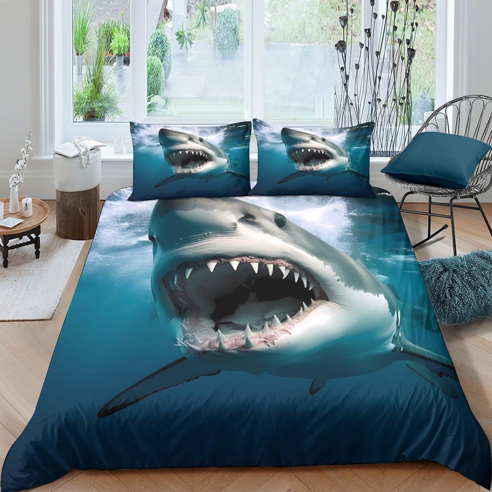 Ctjqhvkz Style-2 3D Printed Shark Ocean Fitted Sheet Microfiber Soft Breathable Underwater Teeth Mattress Cover For Bedroom Dorm Decor Single（135X200cm）