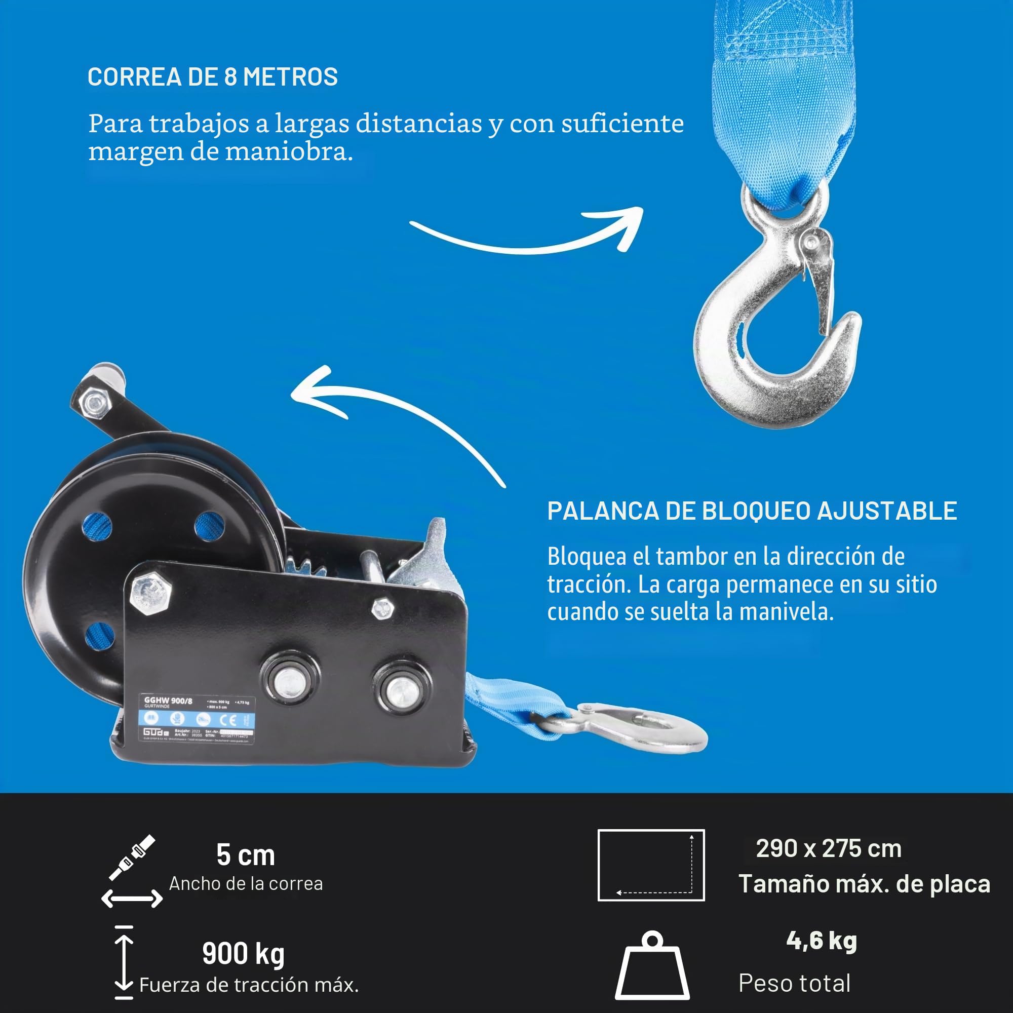 Güde Cabrestante GGHW 900/8 (900 kg de fuerza de tracción, 8 m de longitud de la correa, 5 cm de ancho de la correa, gancho de carga con apertura de gota, palanca de bloqueo, manivela con mango suave,