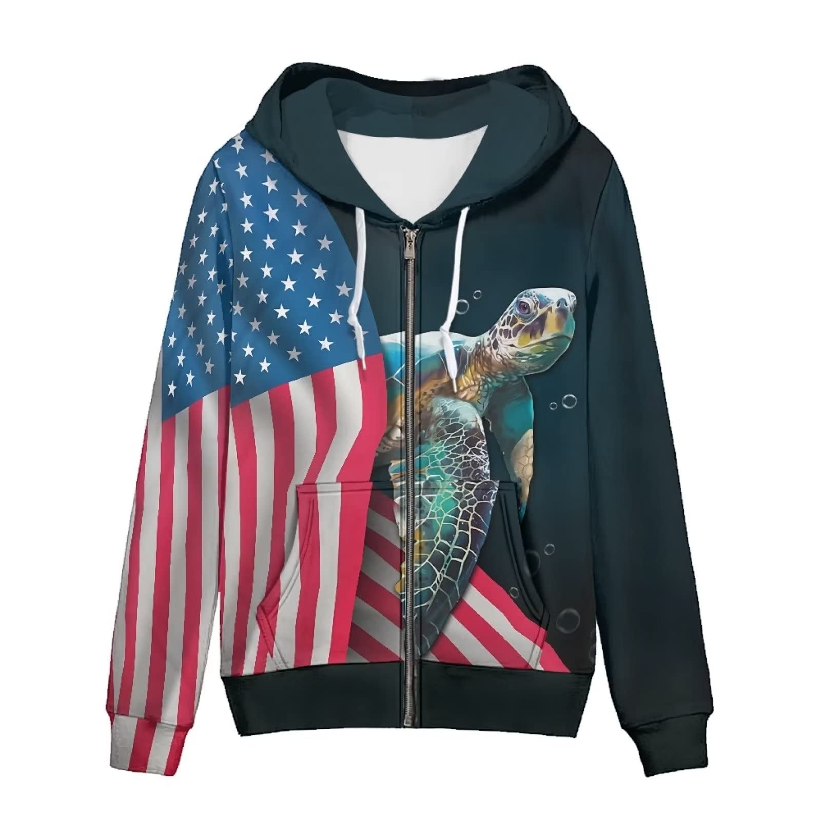 HUIACONG Bluza z kapturem zapinana na zamek błyskawiczny damska bluza z kapturem rozmiar XS-5XL nastolatki sweter, Żółw z flagą amerykańską, M