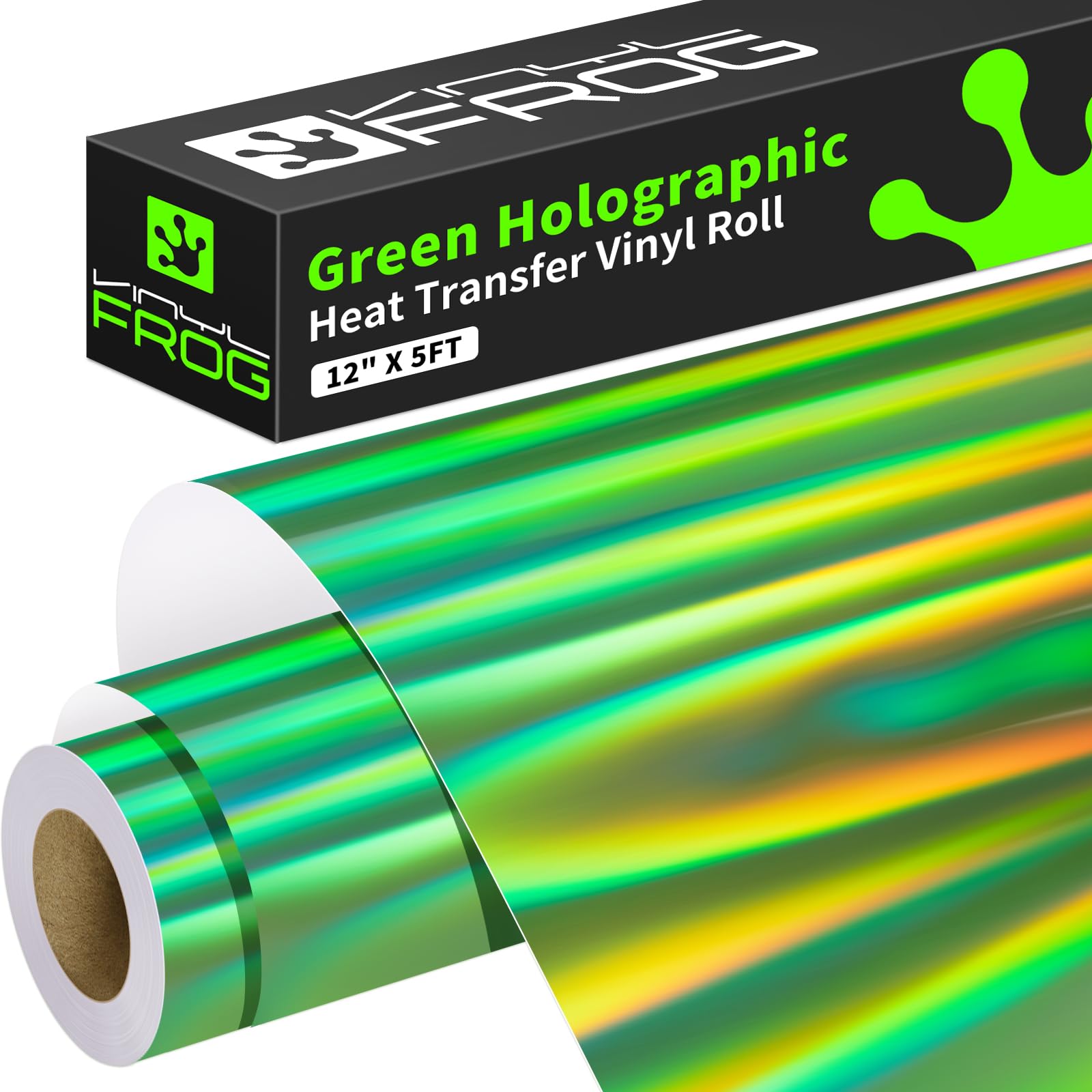 VINYL FROG Green Holographic Heat Transfer Vinyl 12" x5ft Green Metallic HTV Vinyl Roll Rainbow Iron on Vinyl Easy to Cut & Weed DIY Heat Press Design for T-Shirts