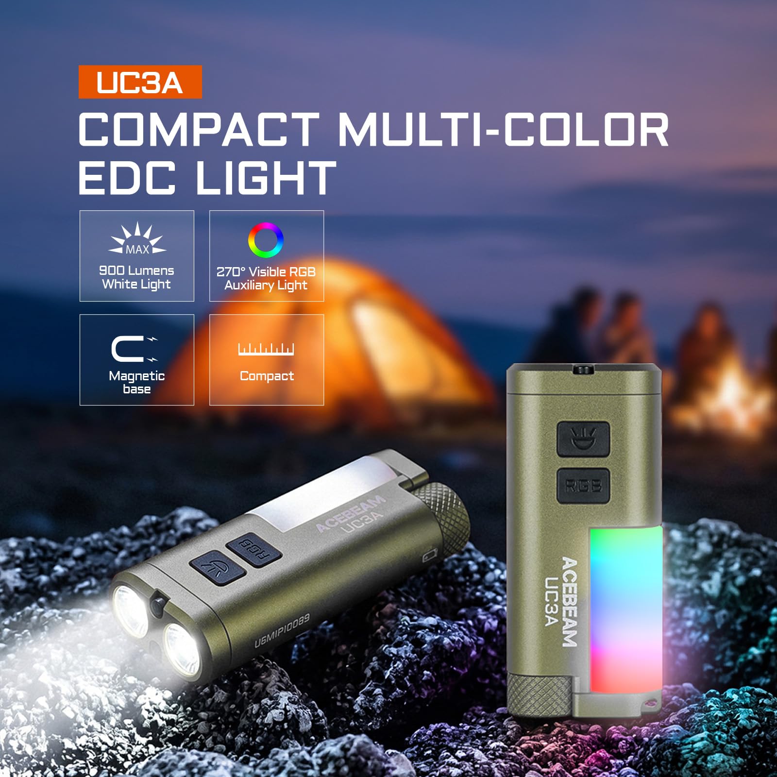 ACEBEAM UC3A Torcia Ricaricabile EDC AAA, 900 Lumen, Mini Torcia a Sorgenti Multiple con Camping e 9 Luci RGB, Piccola Torcia LED Piatta da Tasca con Magnetico, Torcia LED per Domestiche, Verde