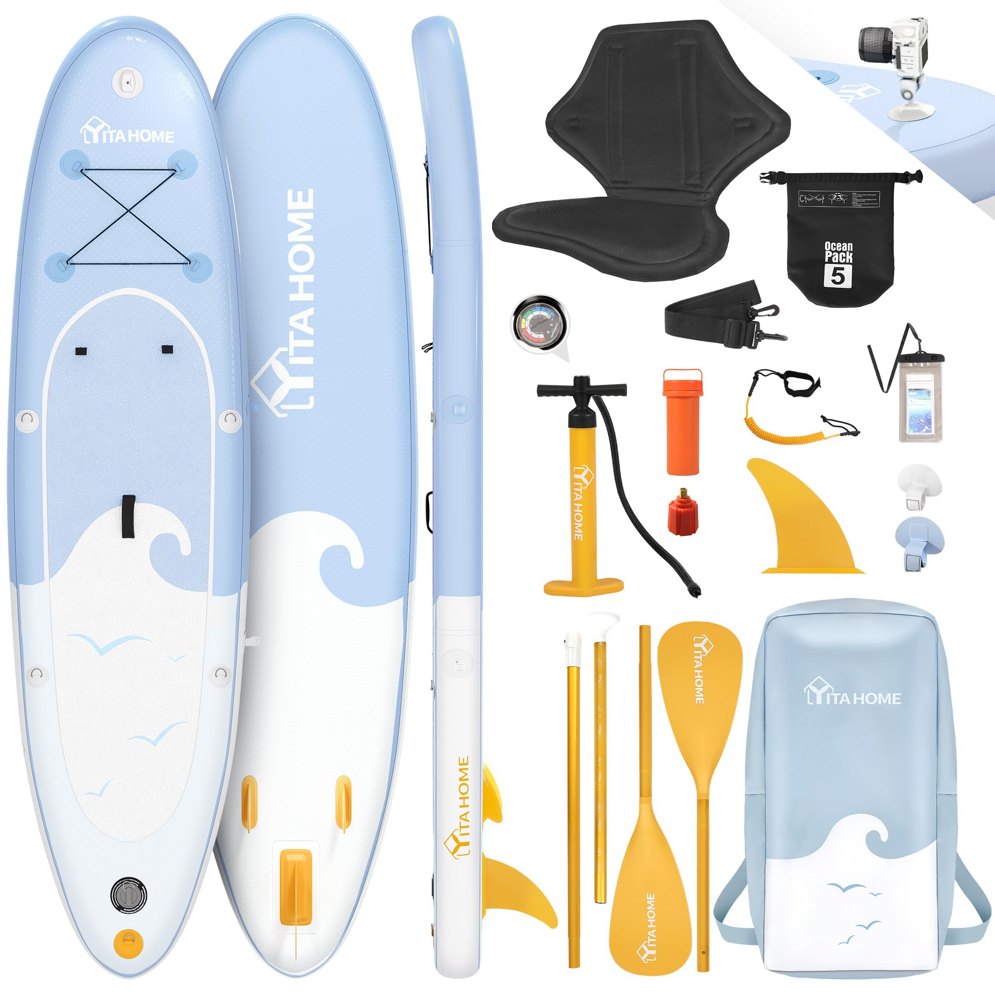 YITAHOME Tabla de Remo Inflable Ultraligera con Tabla Inflable, Accesorios ISUP, 1 Aleta, 2 paletas Ajustables, Bomba, Mochila, Correa, Bolsa Impermeable