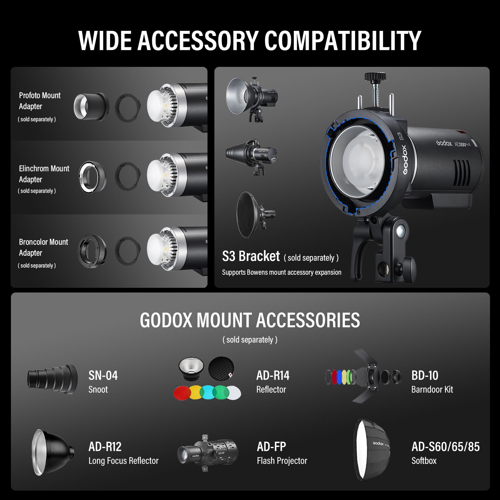 Godox AD300Pro Studio Outdoor Stroboskopblitz, AD300 Pro 300 W 2,4 G TTL HSS 1/8000s Monolight Speedlite Licht, 2600 mAh Lithium-Akku, 0,01–1,5 s Recyclingzeit, 12 W zweifarbige, dimmbare (AD300PROII)