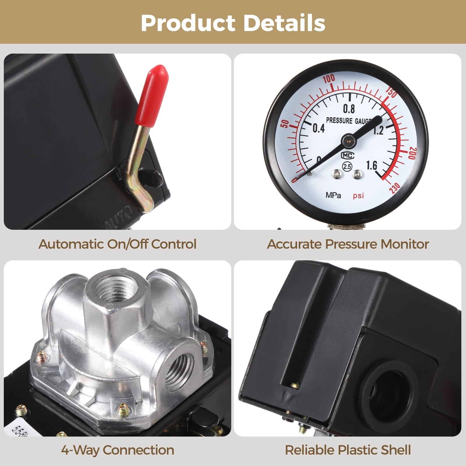 Gruppo pressostato compressore d'aria 1/4, controllo automatico on/off, manometro accurato, valvola di sicurezza di sicurezza, 90-120 Psi, valvola di controllo della pressione del compressore d'aria