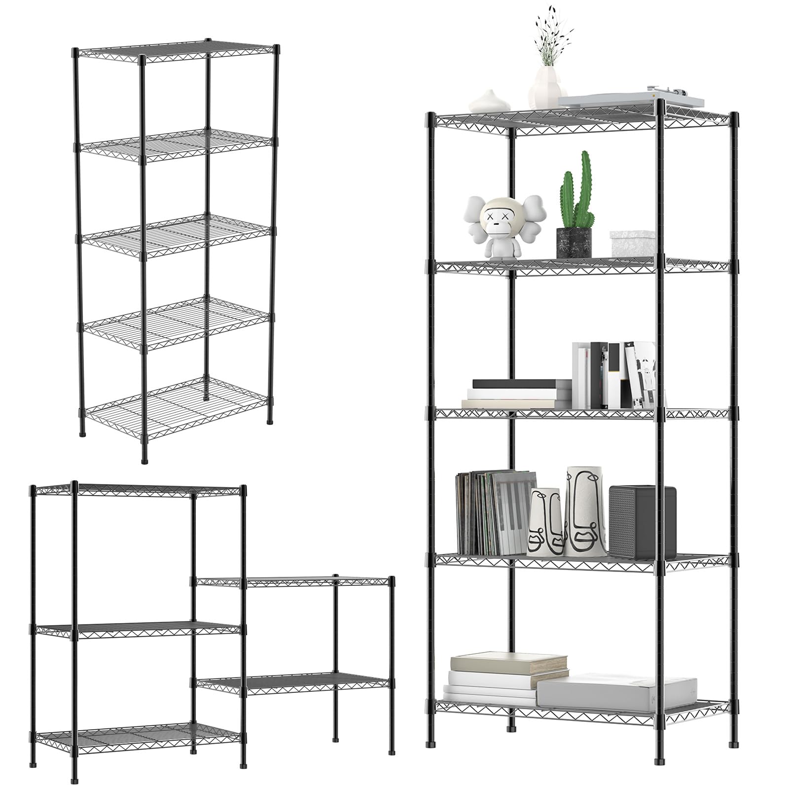 Scaffalatura a 5 ripiani, 150 cm x 60 cm x 35 cm, in metallo nero pesante, capacità 500 kg, ideale per casa, cucina e ufficio