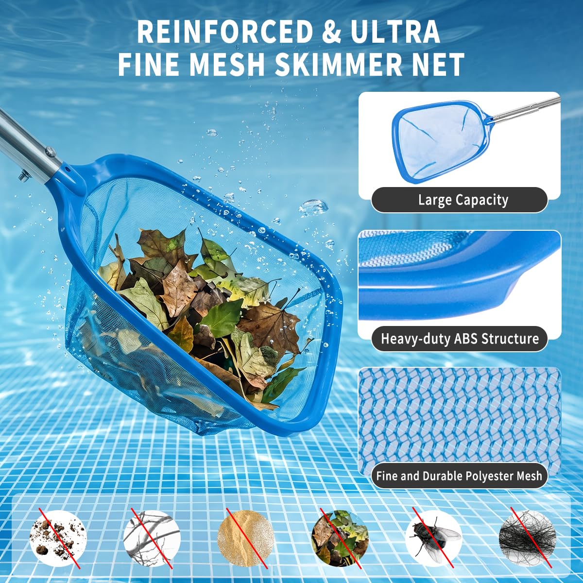 Kit per la pulizia della piscina, testa della spazzola da 42,9 cm e asta telescopica in alluminio da 224,8 cm con rete a rete fine, per piscine fuori terra e vasche idromassaggio