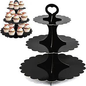 2 Pack 3-Tier Cupcake Stand,Cardboard Dessert Display Stand for Theme Party & Wedding & Birthday & Baby Showers (Black)