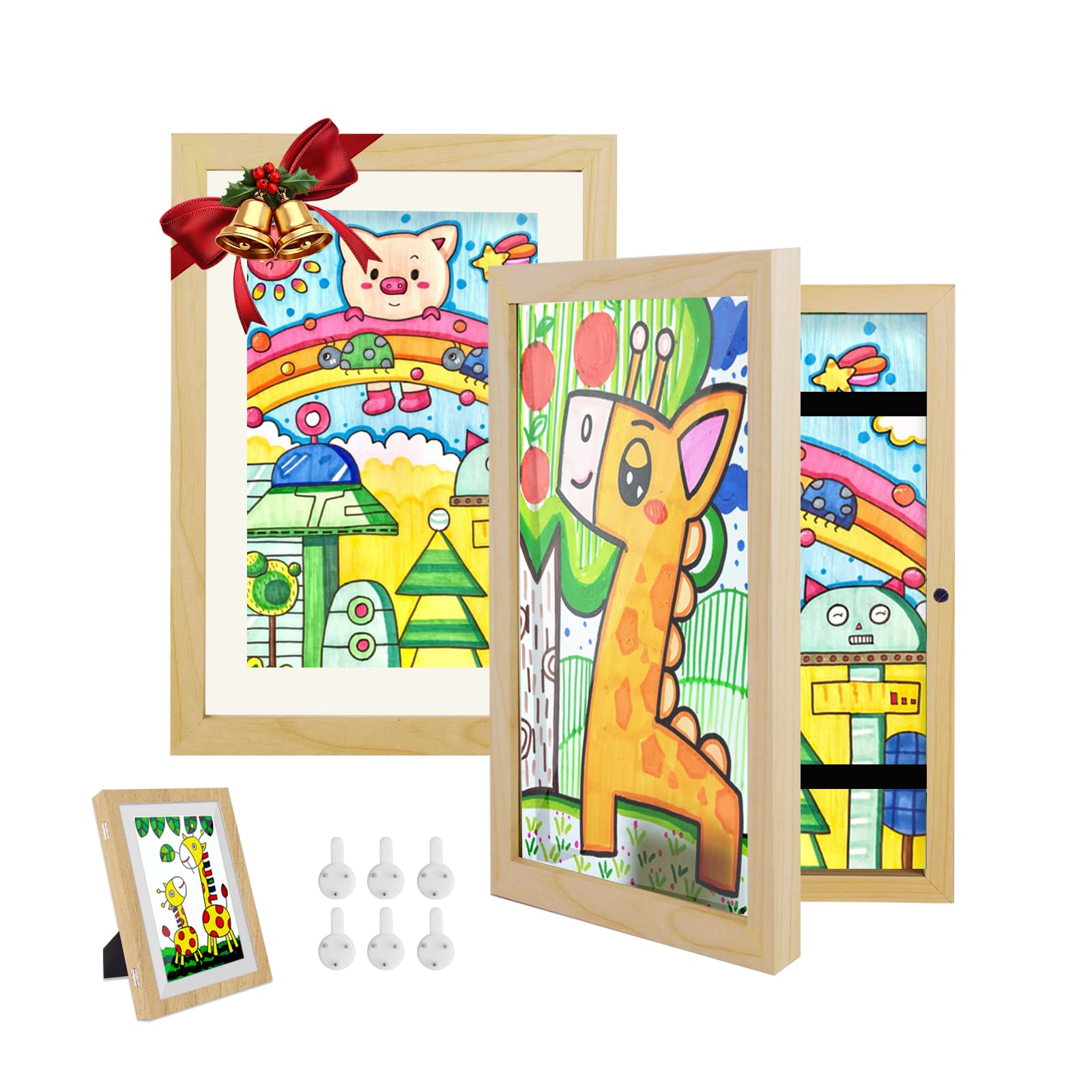 Kids Art Frames, 2 Pack A4 Photo Frame for 150 Pictures, Fillable Front Opening Kids Artwork Display Frame with Mount for Hang or Stand Display Children's Drawings, Art Projects (Wood)