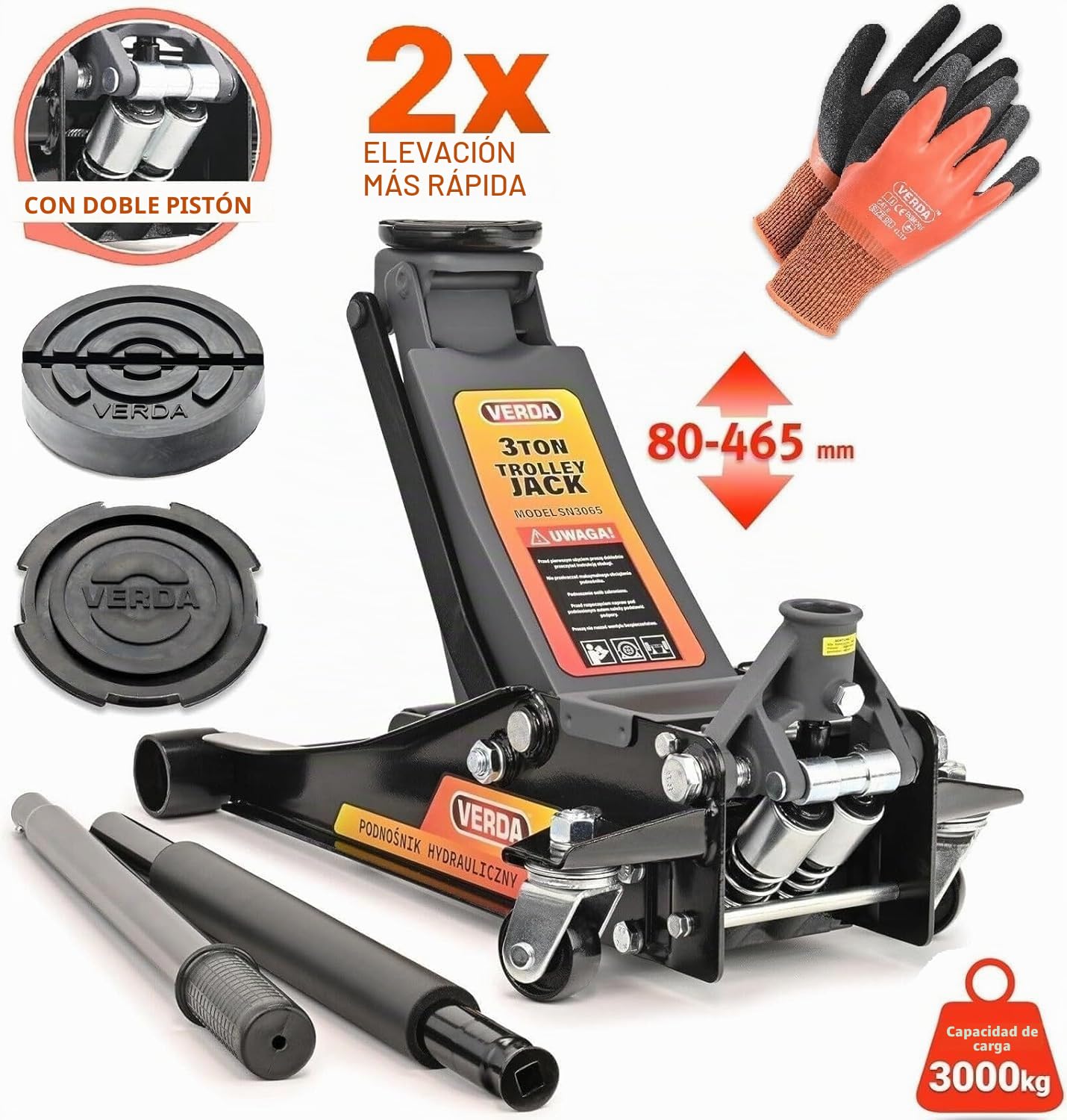 Sellnet Gato hidráulico de Verda 3T, 80-465mm + 2X Goma + Guantes de Montaje, Gato Plano con Sistema de Bombeo Doble, Elevación Profunda de Coche de Doble Pistón, Profesional SN3065