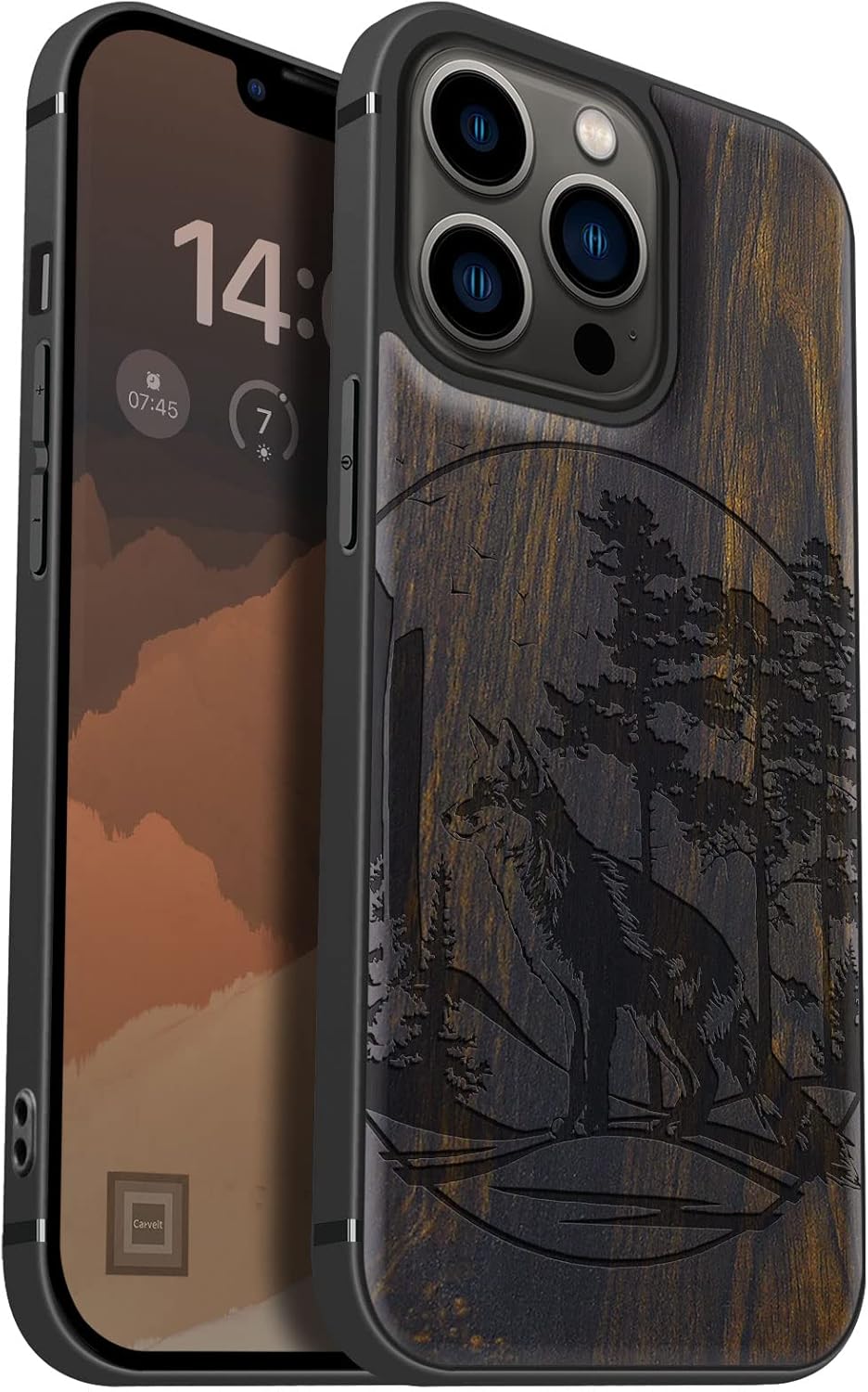 Carveit Magnetic Wood Case for iPhone 13 Pro Case [Natural Wood & Black Soft TPU] Unique & Classy Wooden Shockproof Protective Cover Compatible with magsafe (Fox and Woods -Blackwood)