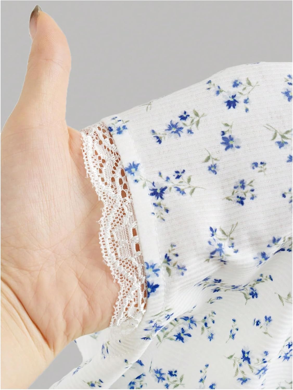 Girl's Ditsy Floral Print Lace T Shirt Short Sleeve Ribbed Ruched Cute Tee Shirts Summer Tops - Image 2