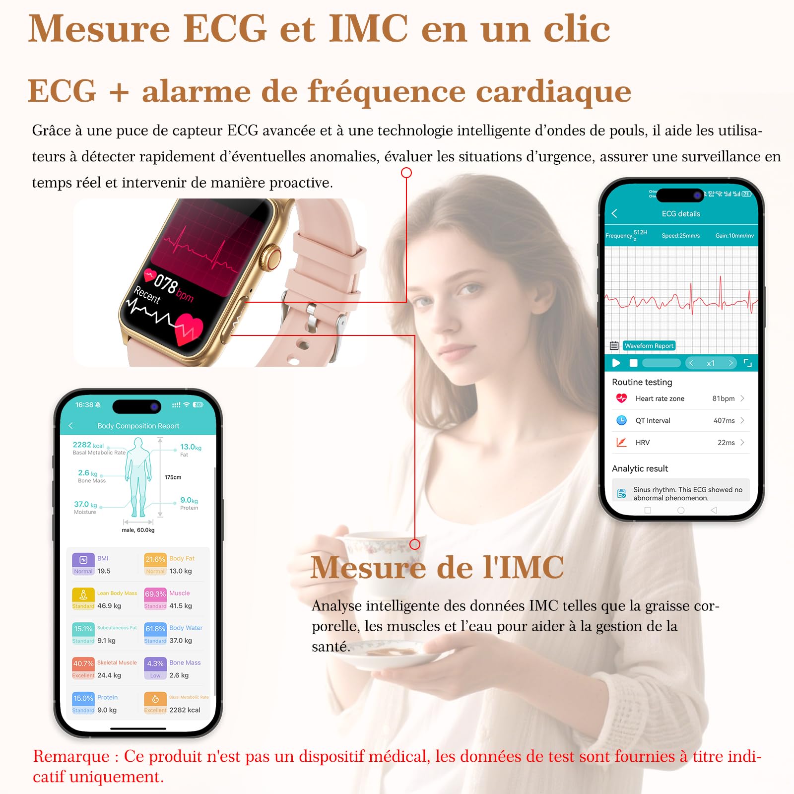 Marsyu Montre Connectée Homme Femme avec ECG/HRV/IMC, Tension Artérielle