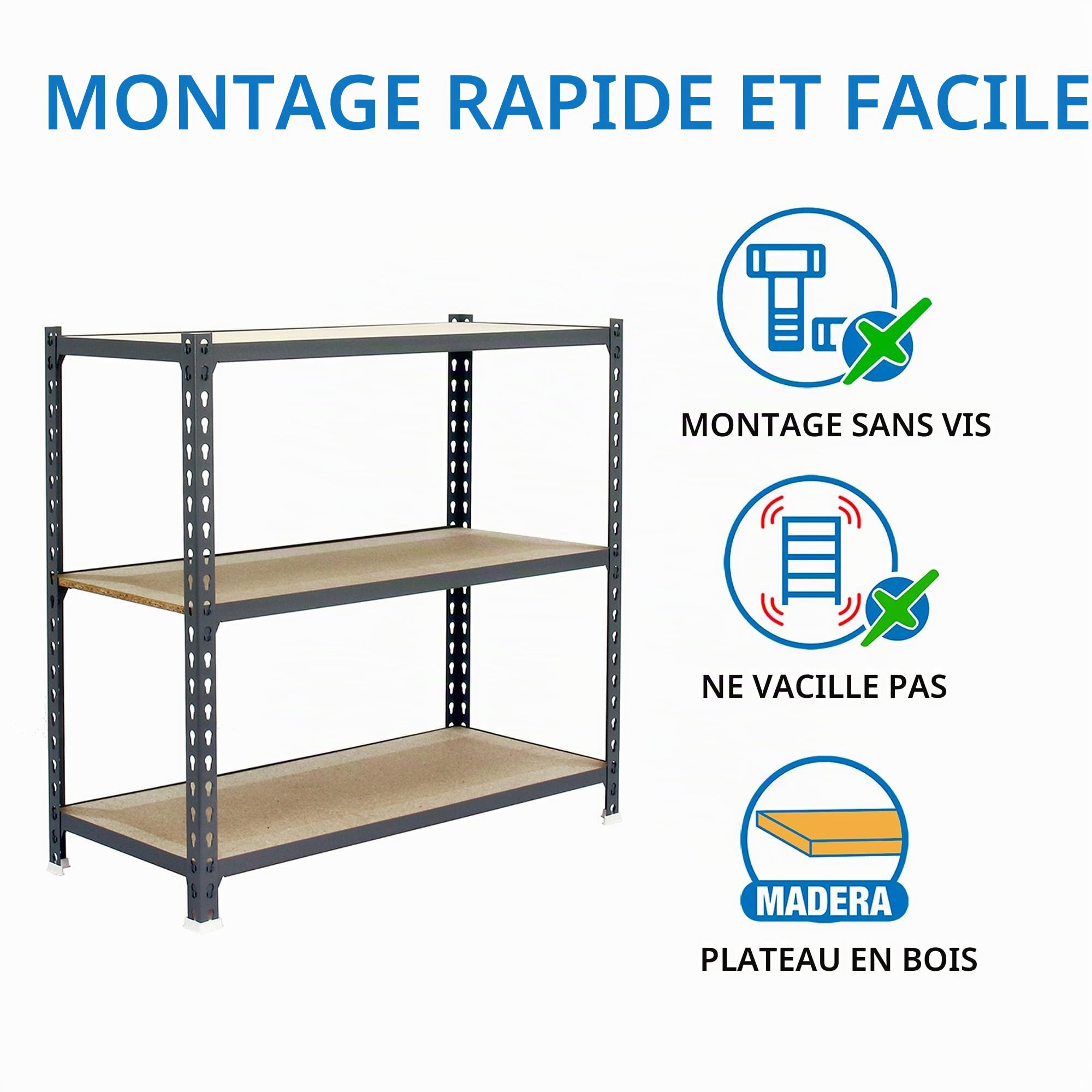 SimonRack Étagère Rangement et 3 Niveaux en Boix, 150 kg Capacité de Charge et Point de Flexion, 1000x1000x400 mm, Étagère Charge Lourde, Étagère Garage, Gris/Bois - Maderclick