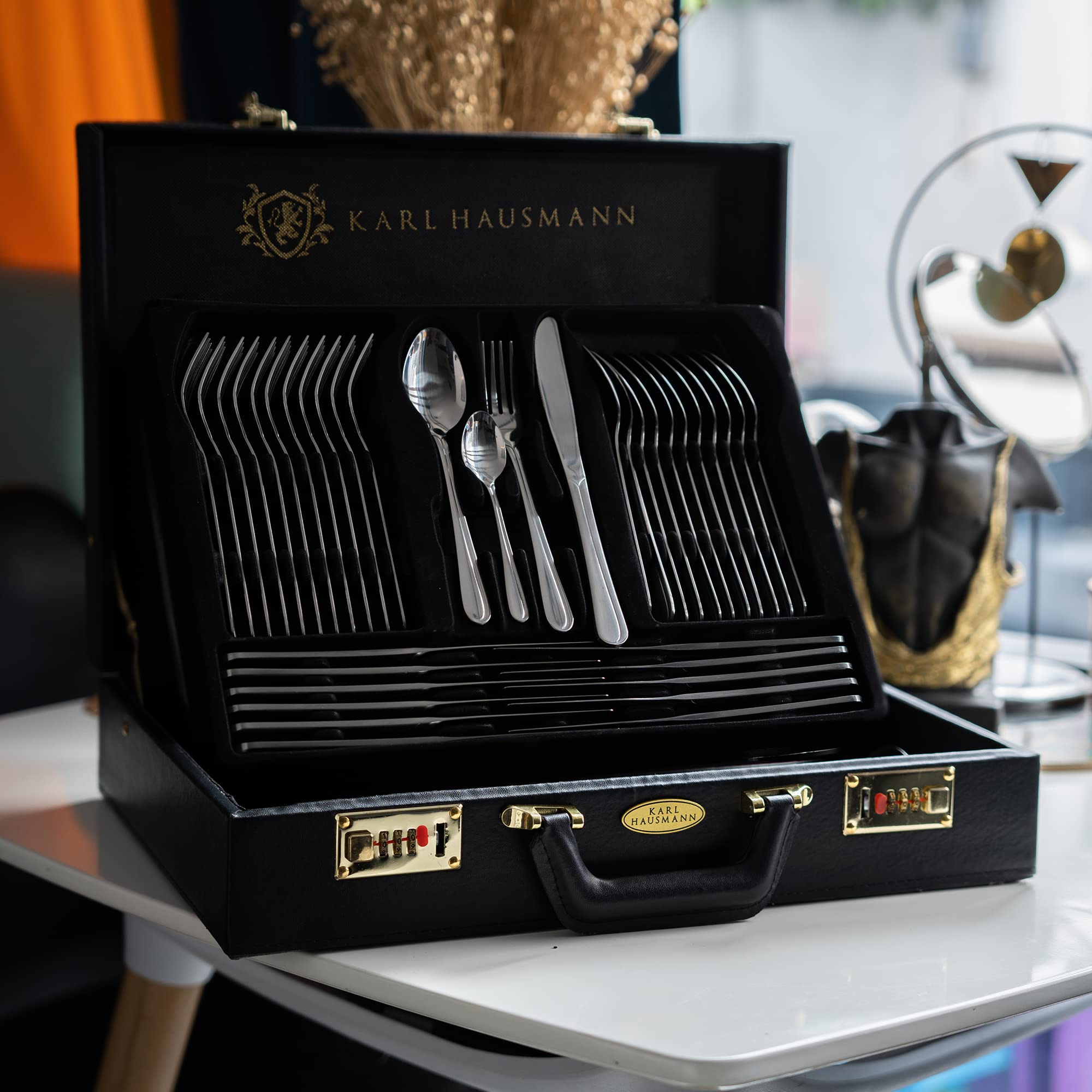 KARL HAUSMANN Set Posate 12 Persone, 72 Pezzi in Acciaio Inox 18/0 con Valigetta - Servizio Posate con Coltelli Forchette Cucchiai + Posate da Servizio, Lucido, Lavabili in Lavastovigli